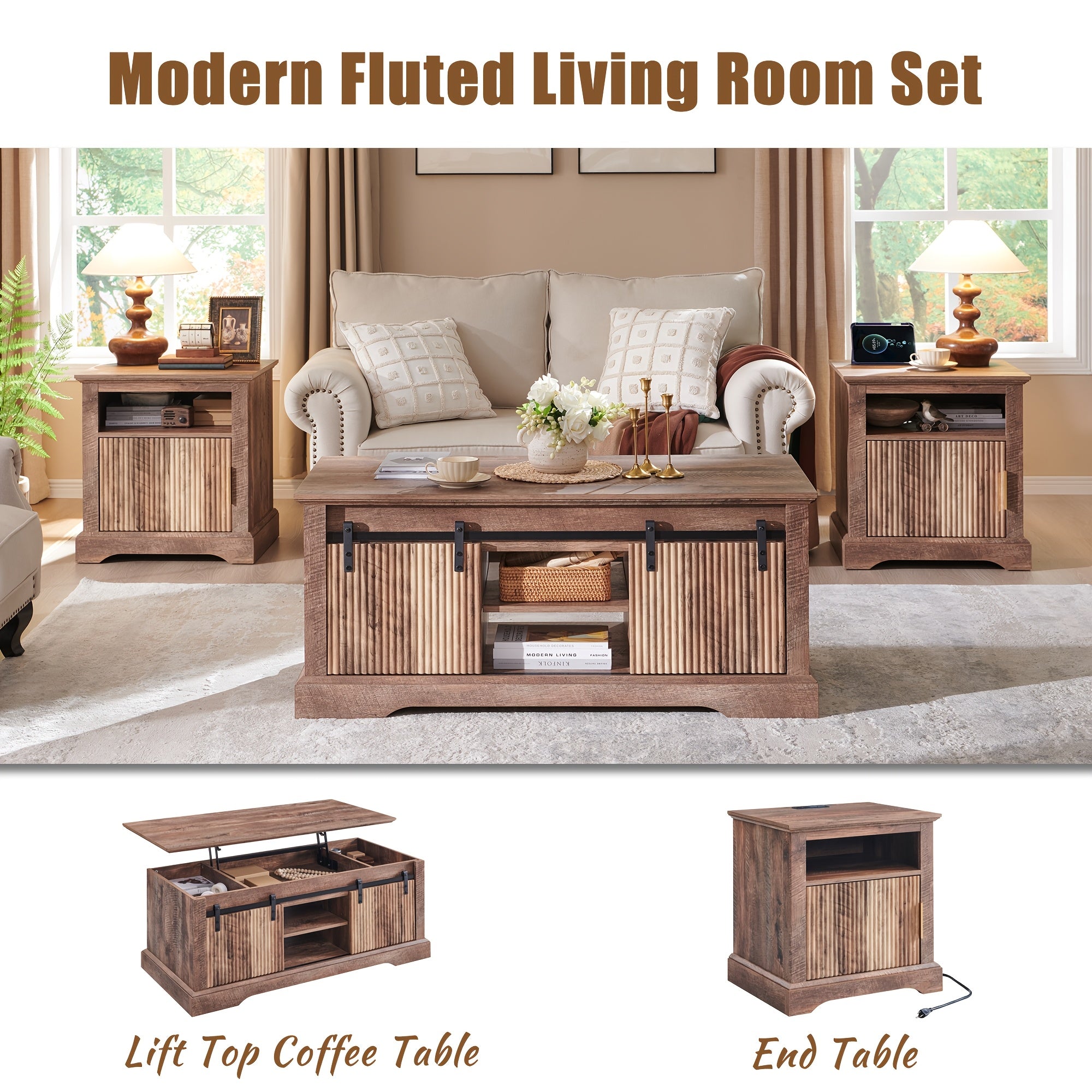 Modern 117cm Fluted Lift Coffee Table with Hidden Storage - Adjustable Height, Sliding Door & Shelf, Convertible Wooden Center Table for Living Room