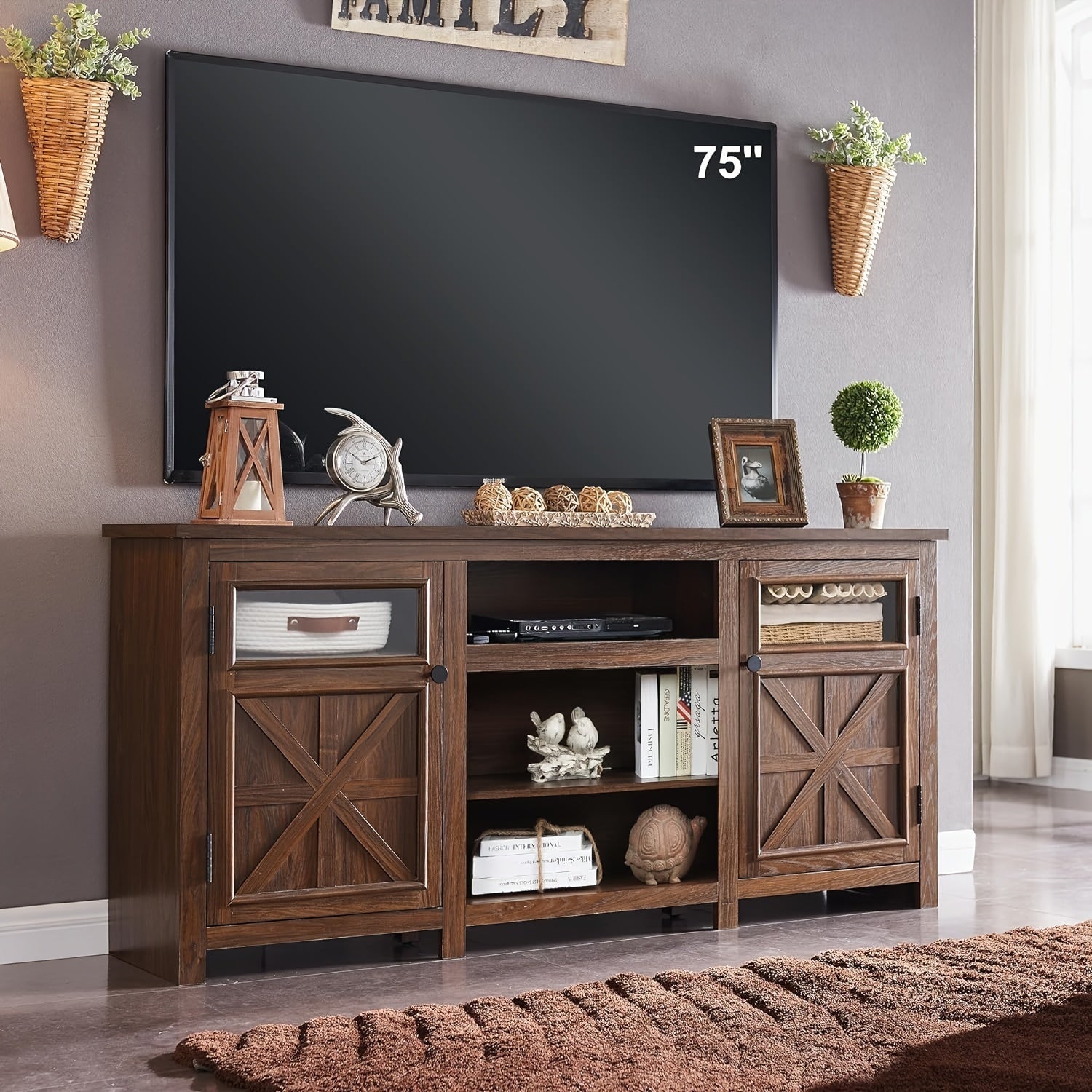 Farmhouse TV Stand For 75 Inch TV, Entertainment Center With Storage, Modern TV Cabinet With Barn Doors, 66" Rustic TV Console For Living Room, Adjustable Shelf