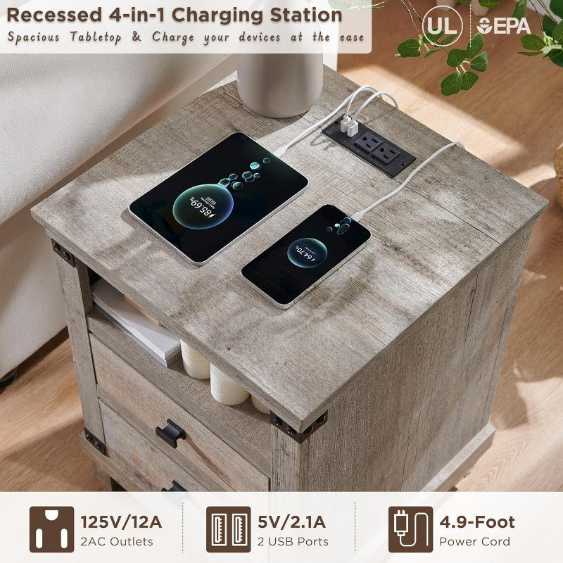 Rustic Farmhouse Nightstand with Charging Station - 18" Wood End Table with 2 Storage Drawers, Ideal for Bedroom & Living Room