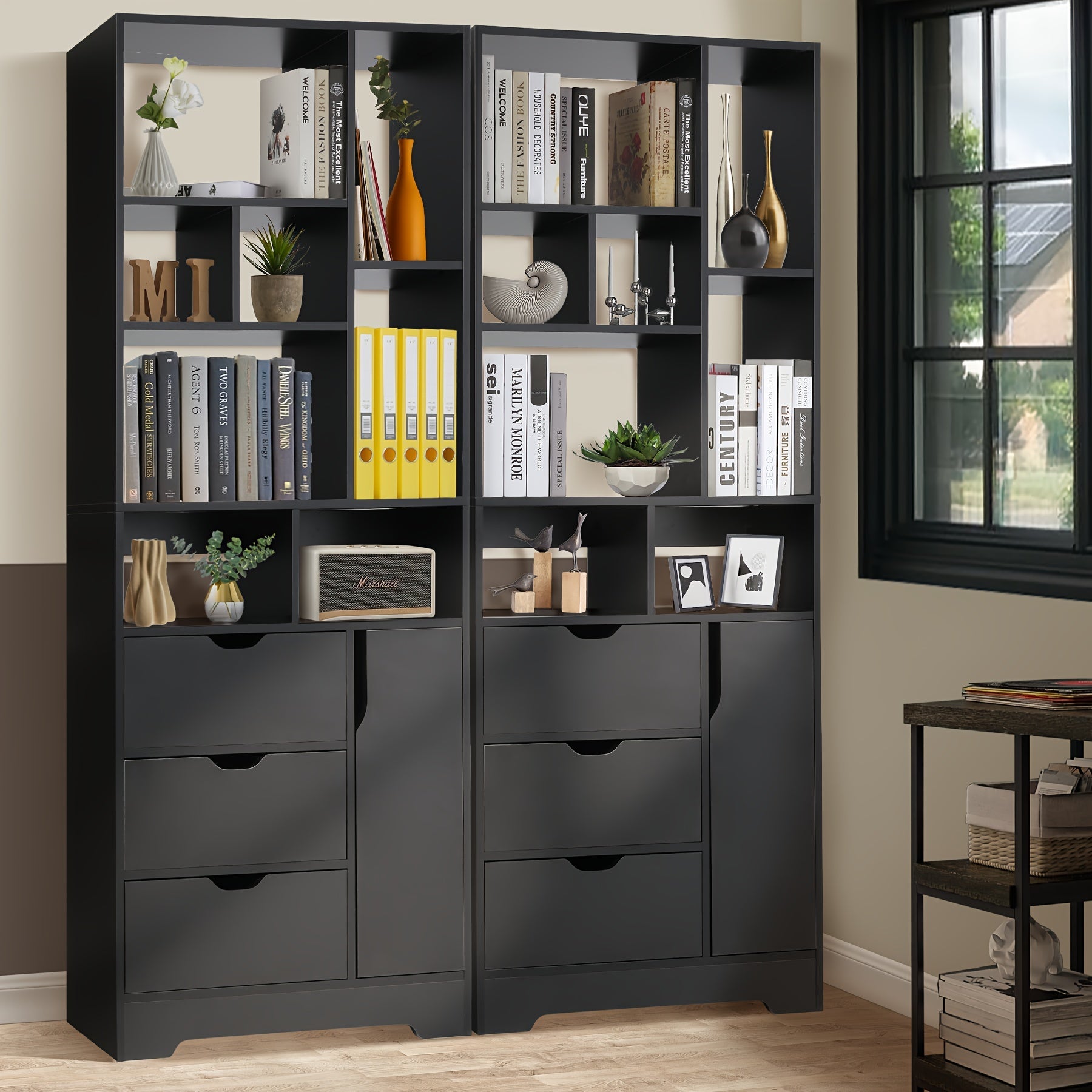 180cm Bookcase with Door and 3 drawers, Bookshelf for living Room Home Office