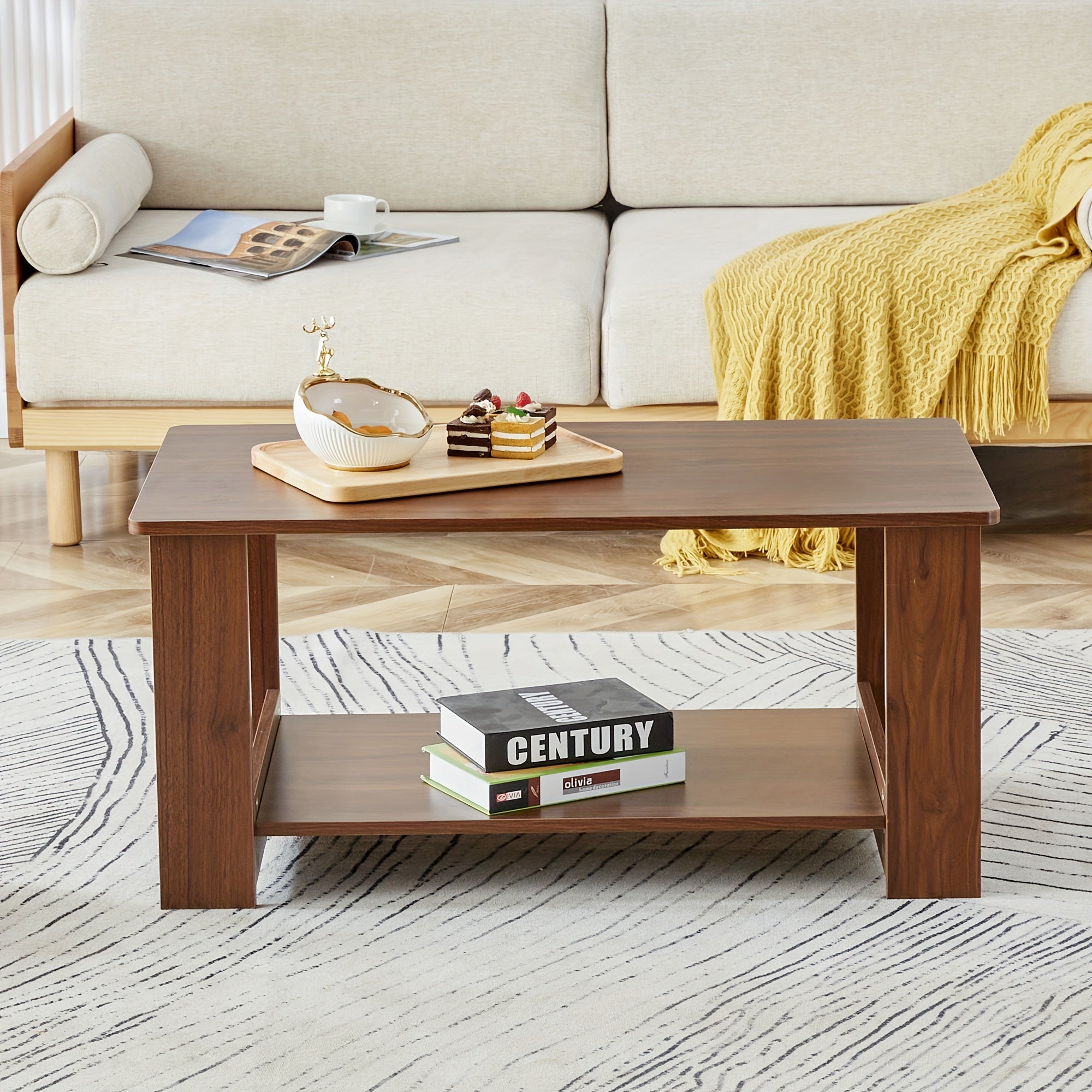 Farmhouse Wood Coffee Table - Boho Tea Table with Storage Shelf, Rectangle Center Table Wood Look Accent Table, 2-Tier Sofa Side Table Modern Rectangular Coffee Table Living Room Furniture, Local Warehouse, Farmhouse Clearanc