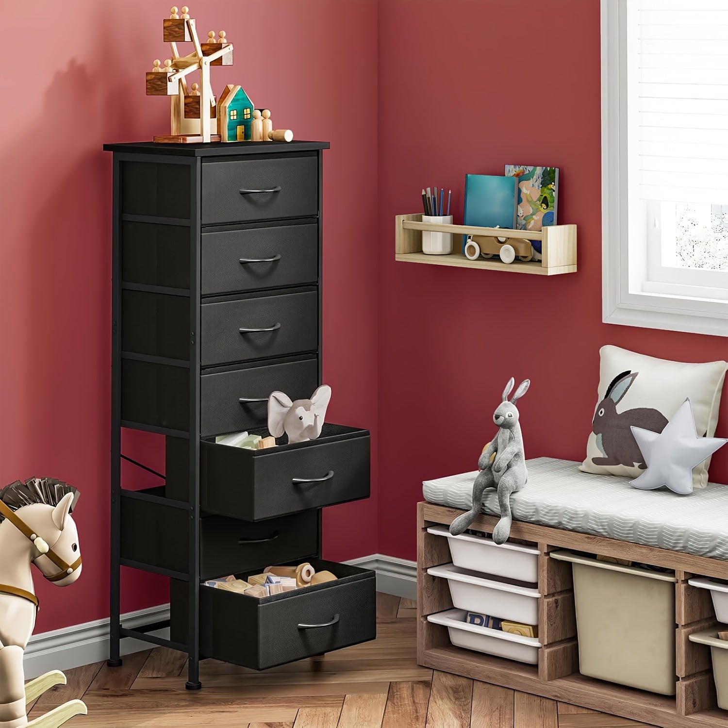 Tall Dresser For Bedroom, Storage Organizer With 7 Drawers, Vertical Bedside End Table For Bedroom, Sturdy Steel Frame, Nightstand Furniture, Chest Of Drawers For Closet