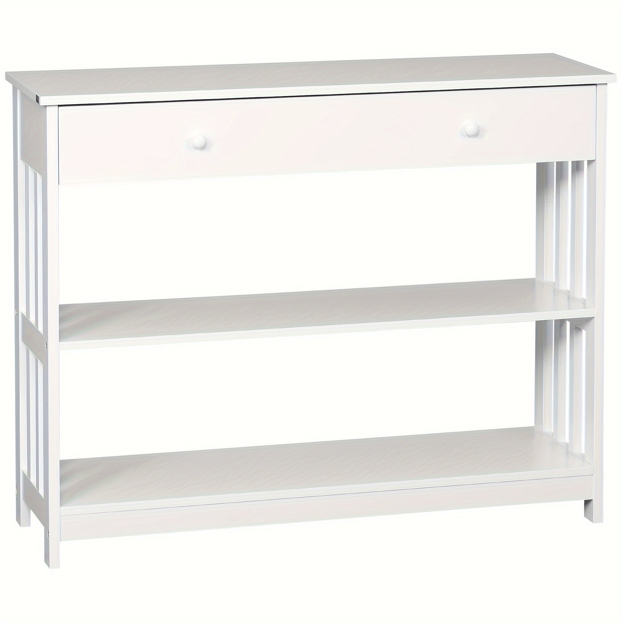 Console Hallway Table with Extra Wide Pull-Out Drawer, 2 Open Shelves, and Slatted Wood Frame Design, White (Measurements in cm)