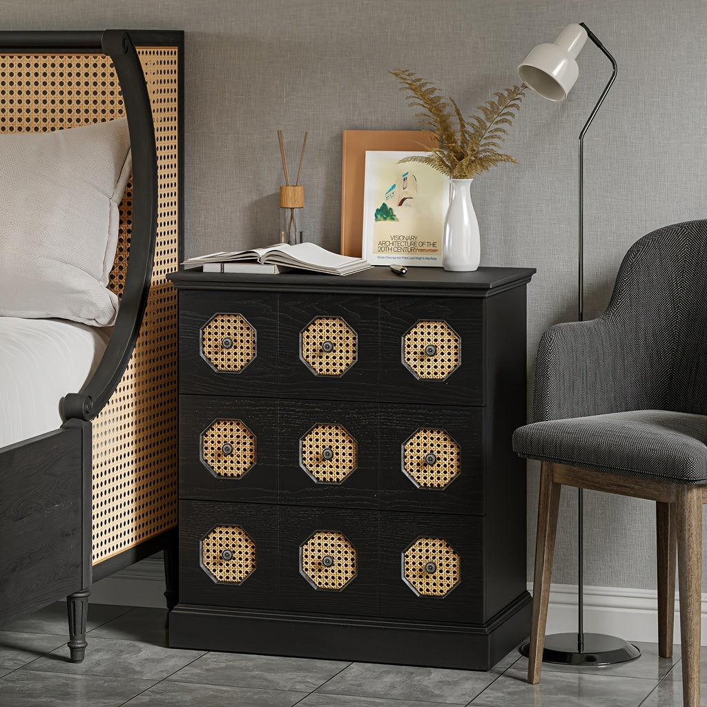 Farmhouse Rattan 3-Drawer Nightstand, Retro Chest Of Drawers With Octagonal Rattan Patterns For Bedroom, Living Room, Fully-Assembled, Black