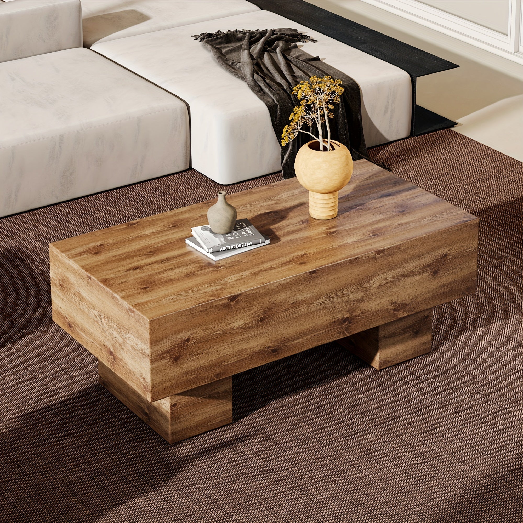 Farmhouse Coffee Table Modern MDF Rectangular Living Room Table Wood MDF Top Rustic Large 43.3 Inch Center Cocktail Tables (Brown)