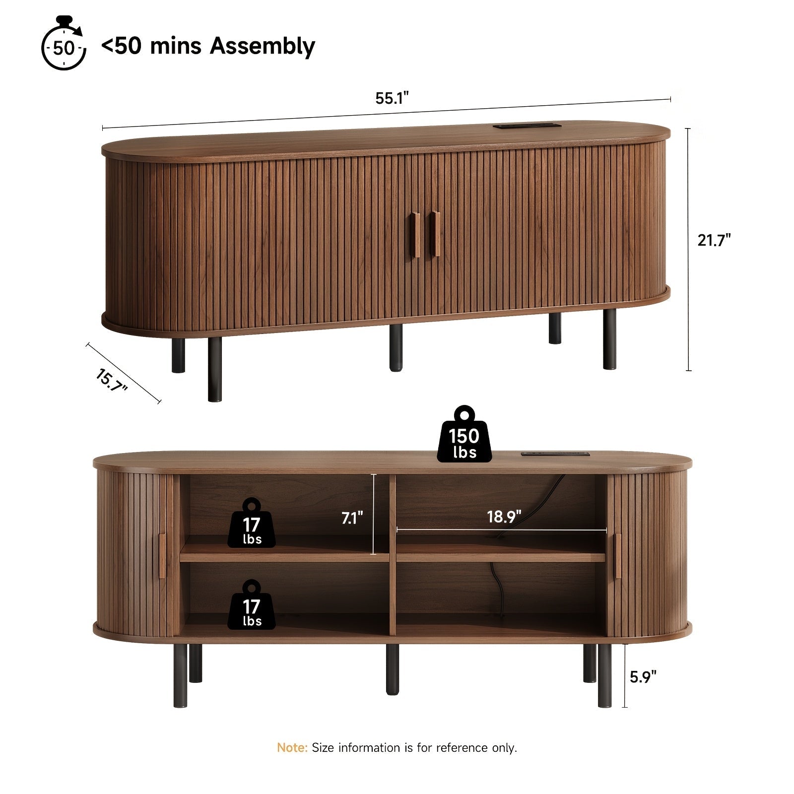 Walnut 140cm TV Stand with Sliding Doors - Fits Up to 60" TVs, Built-in Power Outlet & Adjustable Shelves for Living Room or Bedroom Storage