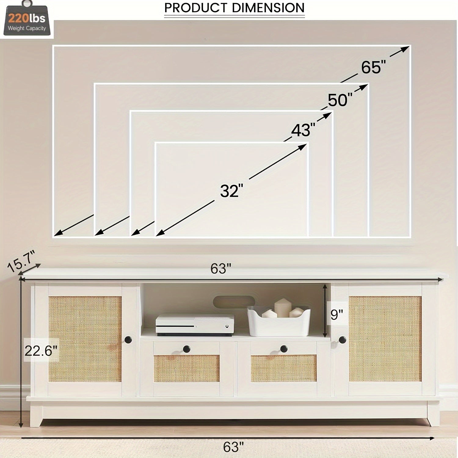 White Rattan TV Stand For 65 Inch TV, Modern Console Table With Storage For Living Room, Entertainment Center Cabinet 63 X 16 X 23 Inches, Mid Century Modern TV Stand