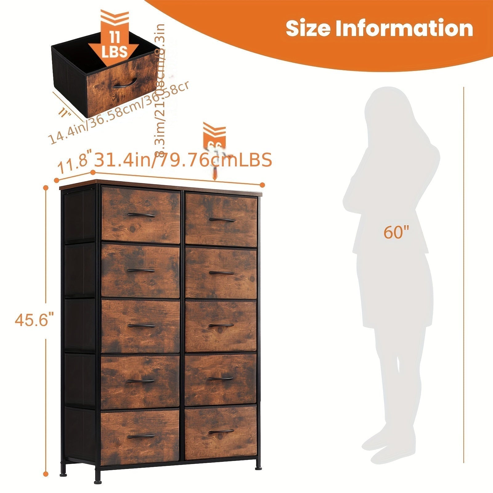 Dresser For Bedroom 10 Drawers, Storage Chest Of Drawers With Fabric Bins, Tall Dresser With Sturdy Steel Frame Clothes Organizer Wood Top For Closet, Hallway, Living Room, Display Stands, Risers