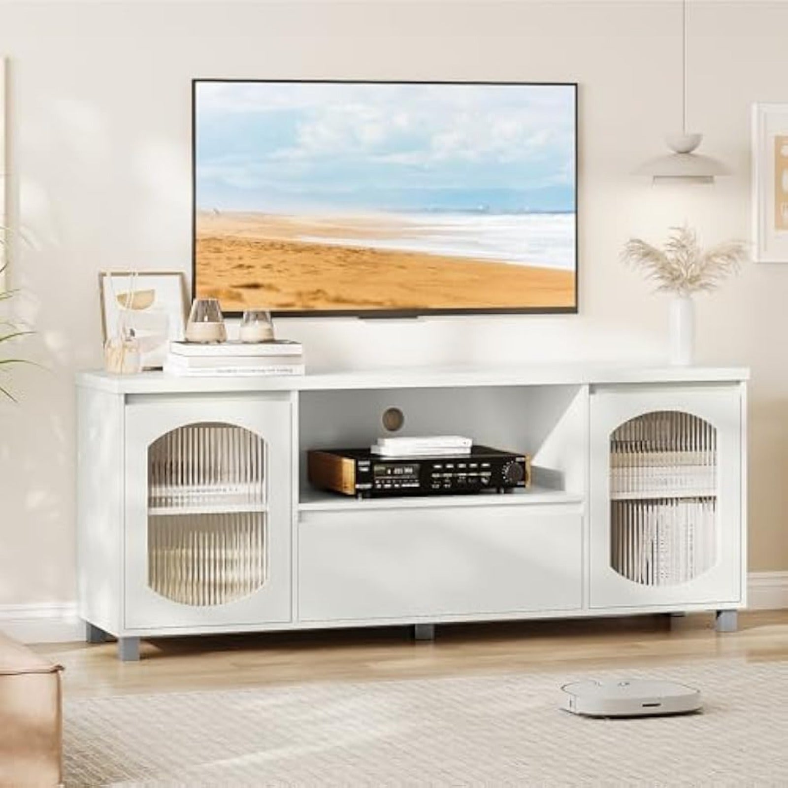 Modern TV Stand for 65 Inch TV, TV Cabinet with Fluted Glass Door and Open Shelve, TV Console with Storage Cabinet and Drawer, White TV Entertainment Center with Storage for Living Room