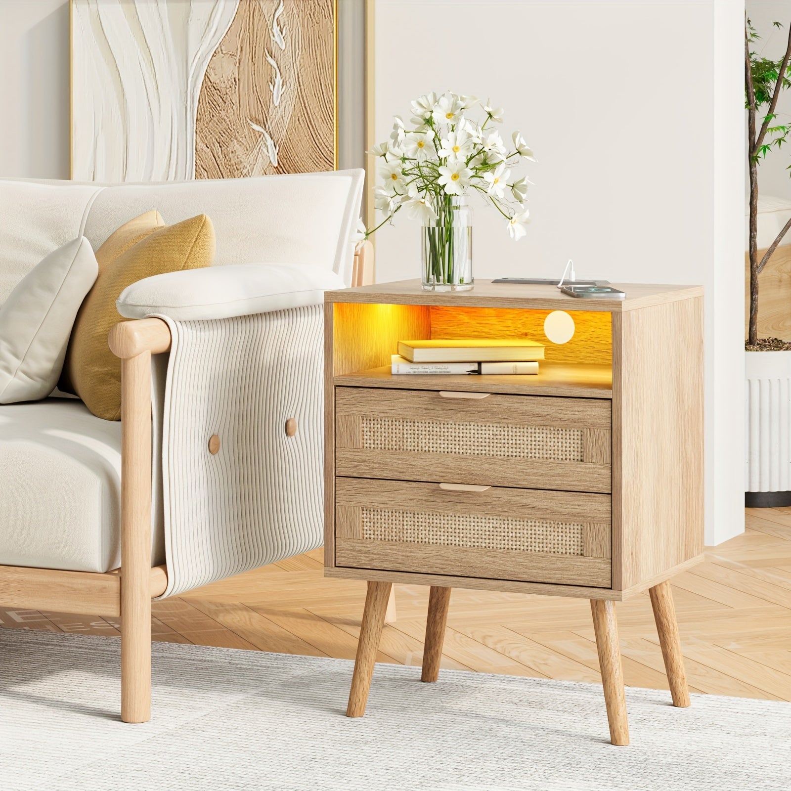 Side Table With 2 Drawer, Skinny Nightstand Table Narrow Side Sofa Table For Small Spaces, End Table With Storage For Living Room