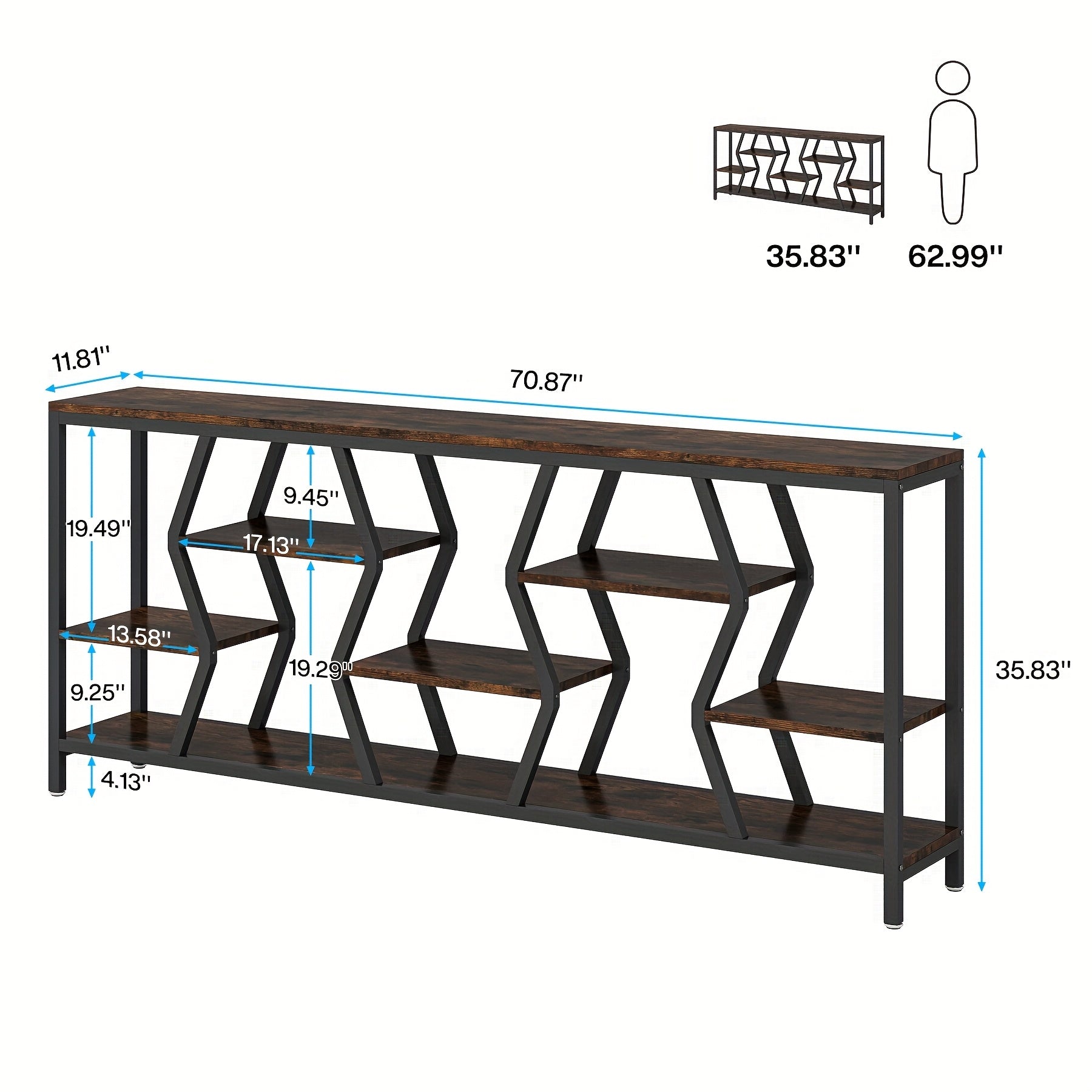 Extra Long 180 cm Rustic Brown Sofa Console Table with 4-Tier Storage Shelves - Industrial Narrow Design for Living Room, Entryway, or Foyer Decor