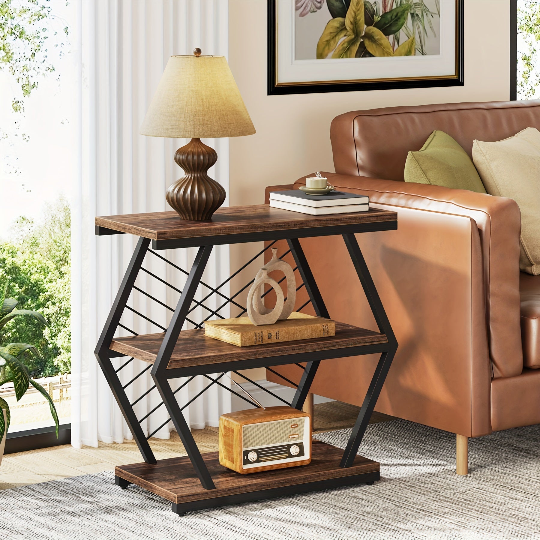 64cm Rectangular End Table, Industrial Side Table with 3-Tier Storage Shelves, Wood Sofa Side Table with Geometric Metal Frame for Living Room Bedroom, Black Brown