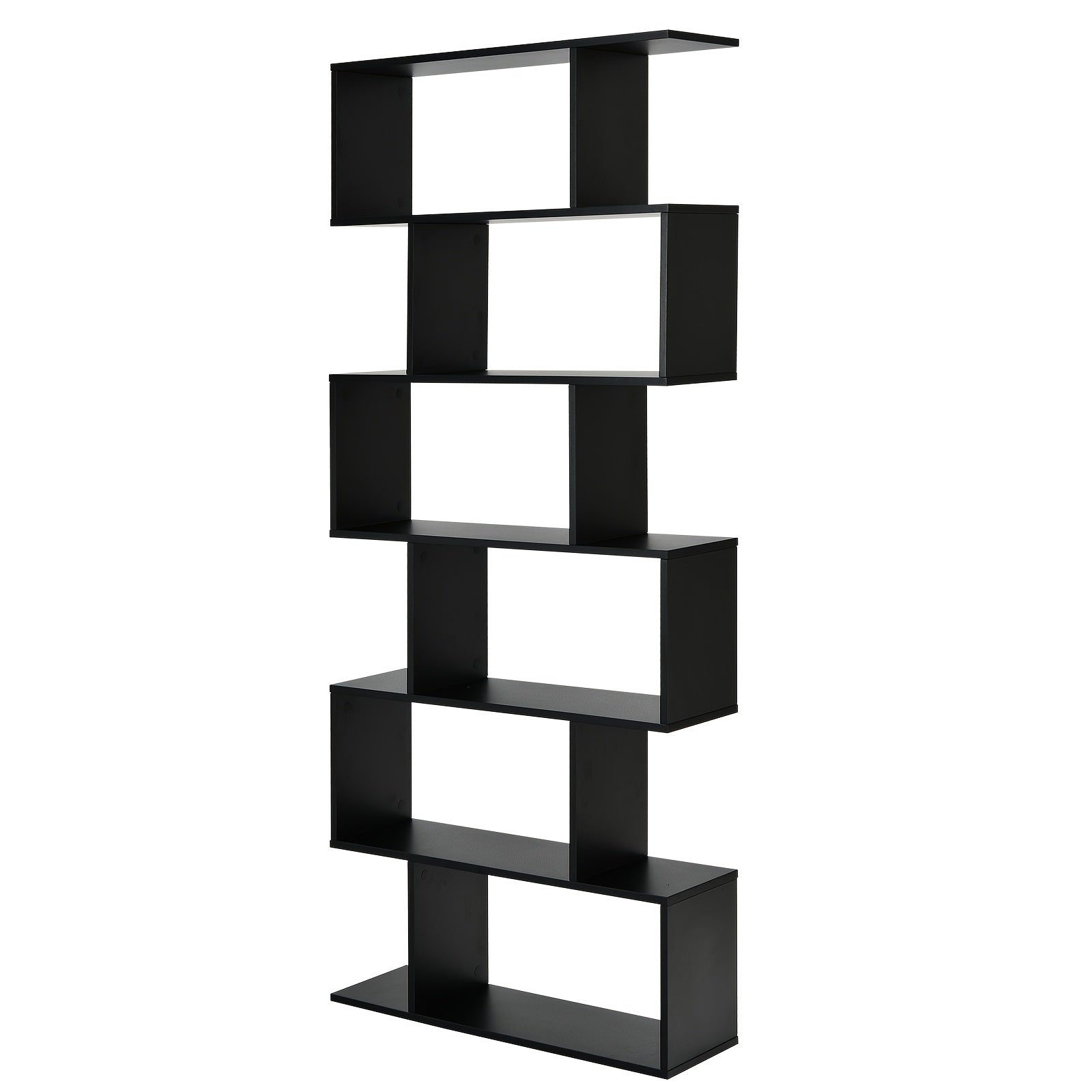 1pc 6 Tier S-Shaped Wooden Bookshelf, Modern Storage Display Shelving Unit, Z-Shelf Design, Wall Mount, Black, Anti-Tipping, 31.5x9x75 Inches, Home Storage And Organize Essential