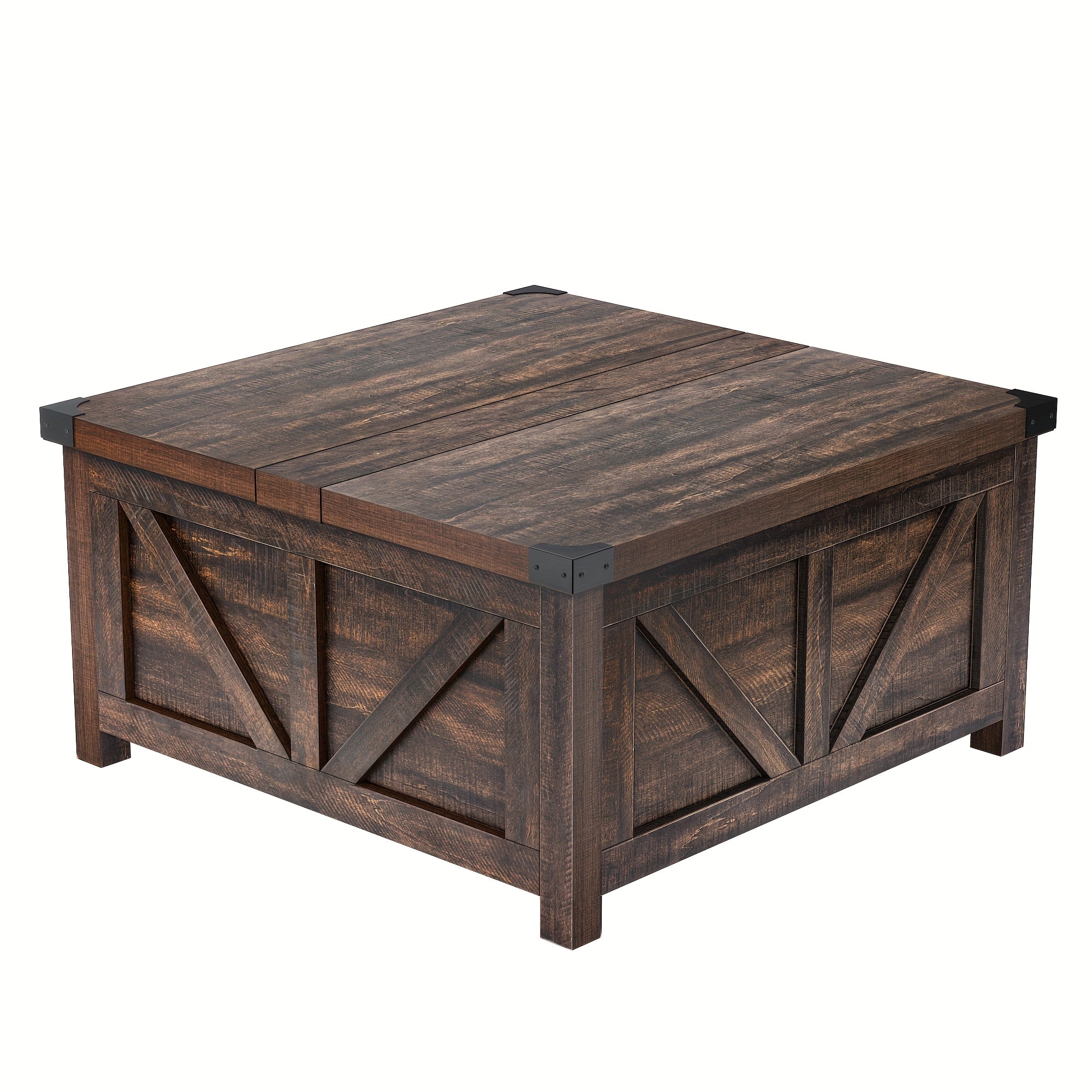 Farmhouse Lift Top Coffee Table With Power Outlets And Large Hidden Storage, Square Wood Living Room Tables, Multi-Function Lift Wooden Barn Door Center Table