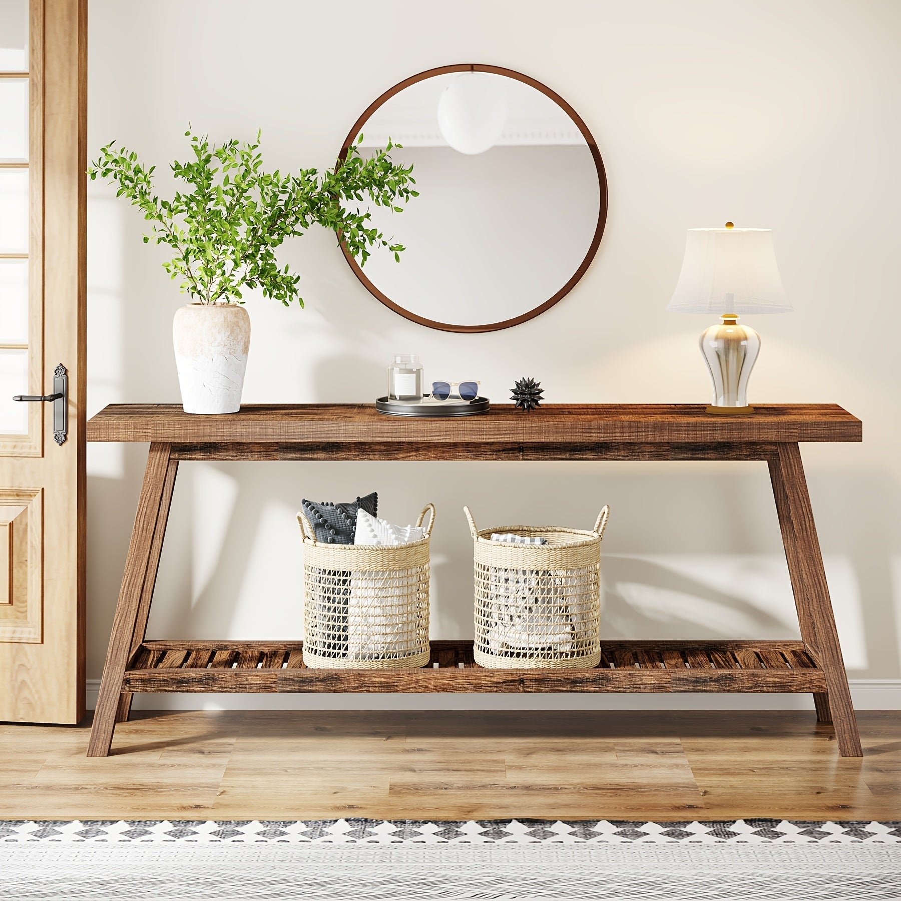 Chic Rustic Brown Farmhouse Console Table - 180 cm Long, 2-Tier Narrow Design with Ample Storage, Durable Engineered Wood Construction, Perfect for Entryway, Hallway, Living Room, or Bedroom Decor, Living Room Decor | Elegant Co