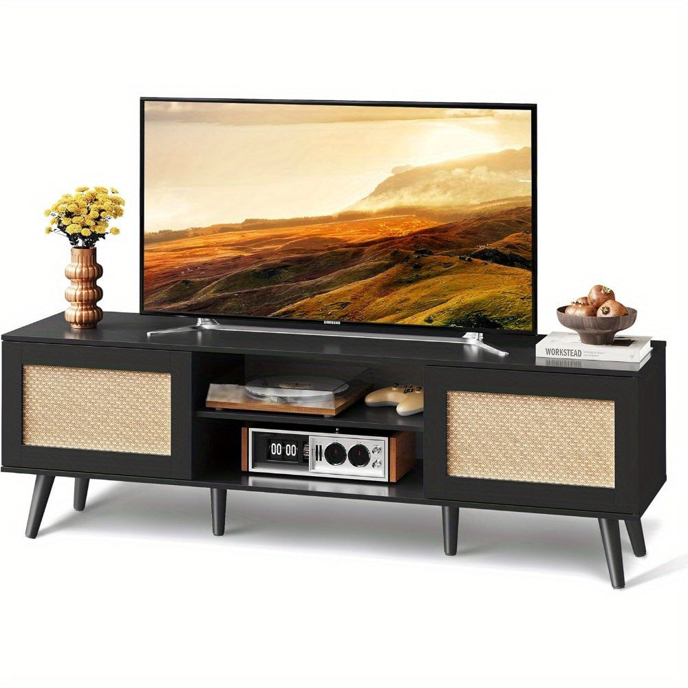 Stable TV Stand For 65 Inch TV, 147cm Boho Entertainment Center With Open Shelf Storage, TV Stand For Living Room, TV Console With 2 Storage Cabinets