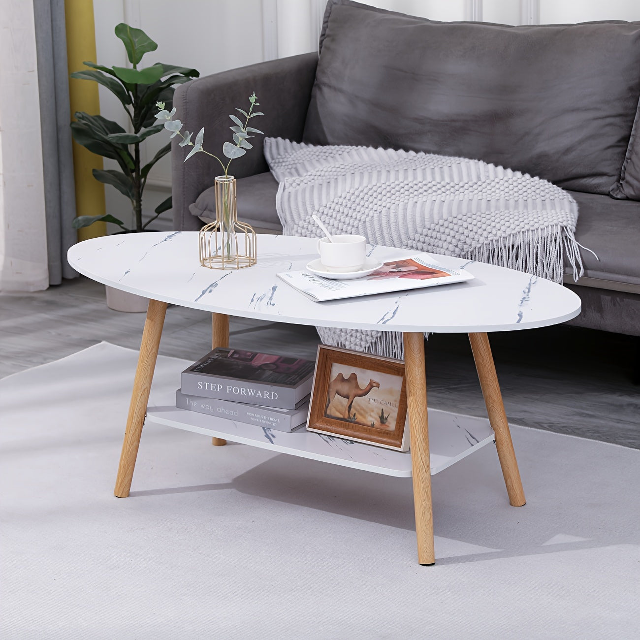 Modern Coffee Table Oval White Marble Effect, 2 Tier Cocktail Table Sofa Table with Storage Wood Legs