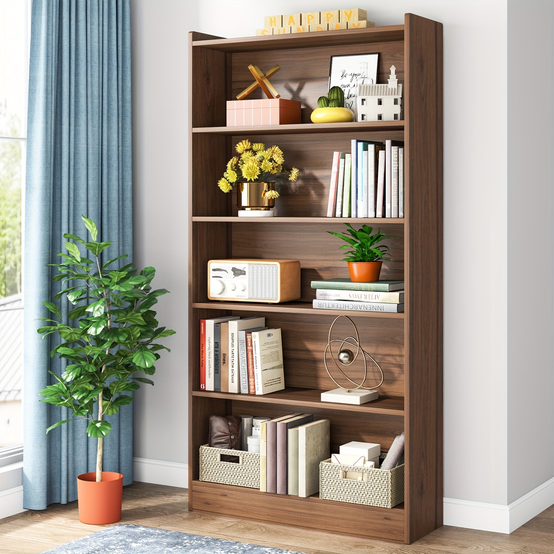 183cm Tall Bookcase, Modern 6-Tier Brown Library Bookshelf with Storage Shelves, Large Open Bookcases Wood Display Shelving Unit for Bedroom Living Room Office