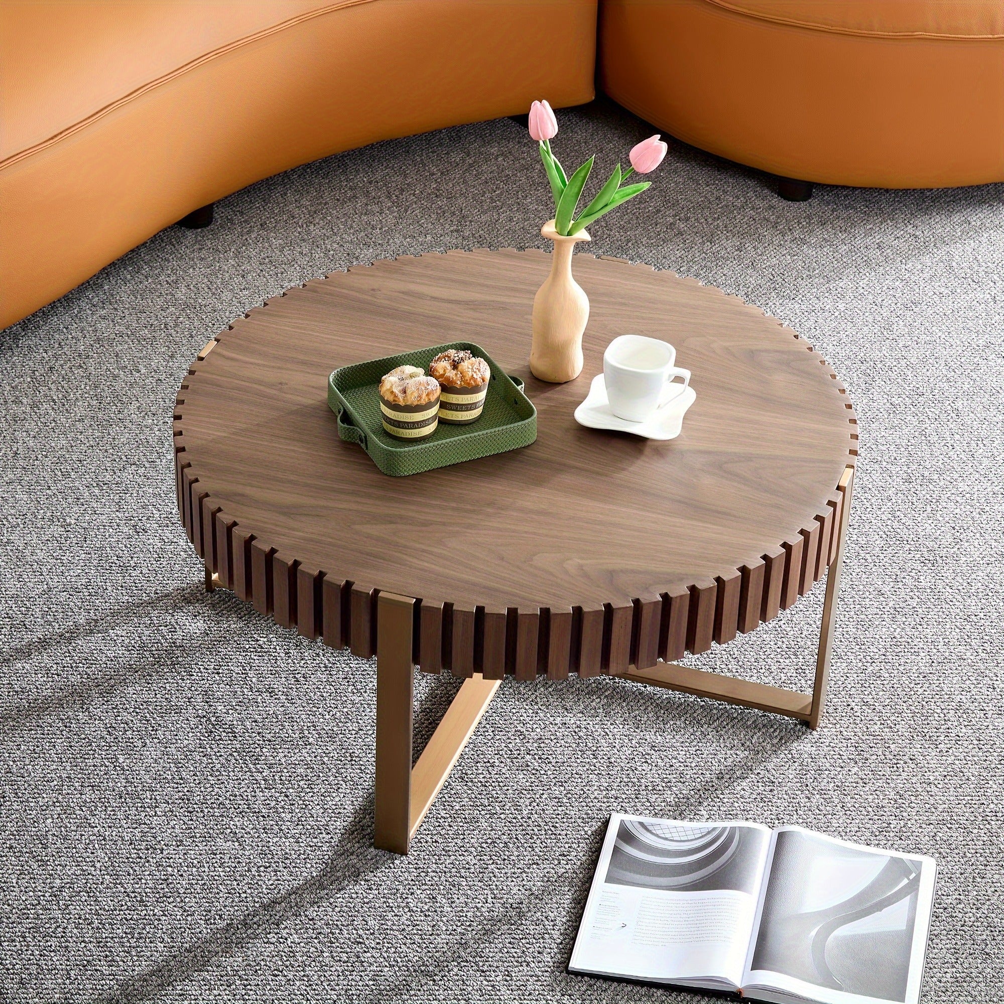 Modern Handcraft Drum Coffee Table 82cm Round Coffee Table For Living Room, Small Coffee Table With Sturdy Pedestal, Black