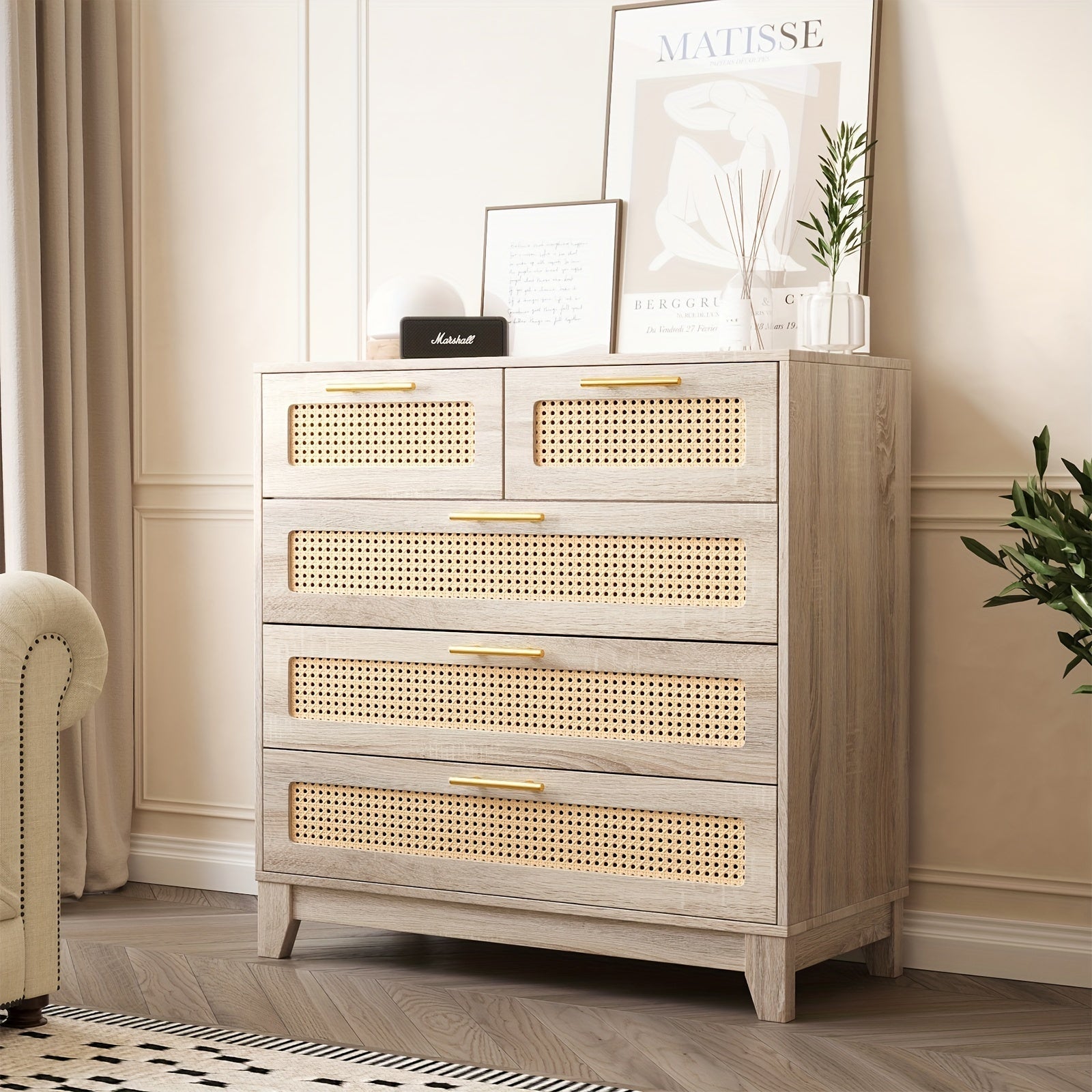 90cm Rattan Storage Sideboard Cabinet With 5 Drawers