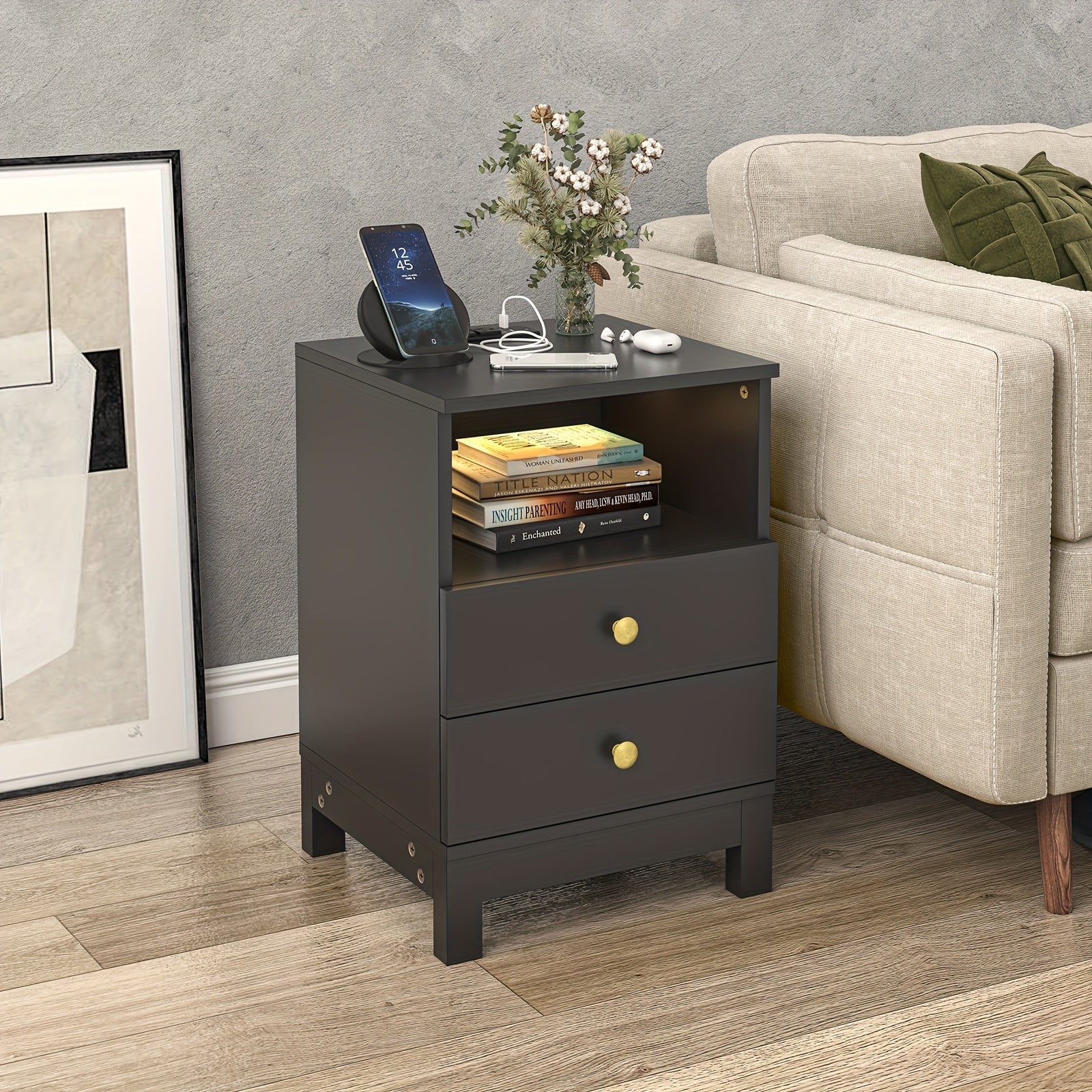 Nightstand with Charging Station, Bedside Table with USB & Type-C Port