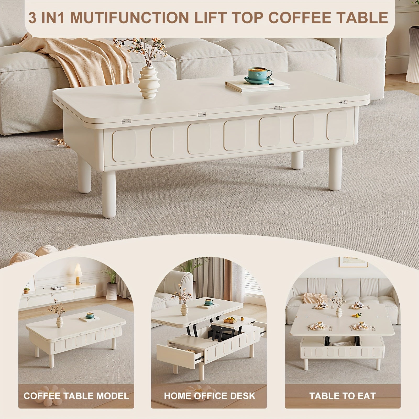 White Extendable Coffee Table, 3-in-1 Center Table, Multifunctional Lift Top Coffee Table, Space Saving Folding Dining Table for Living Room, Home, Easy Assembly