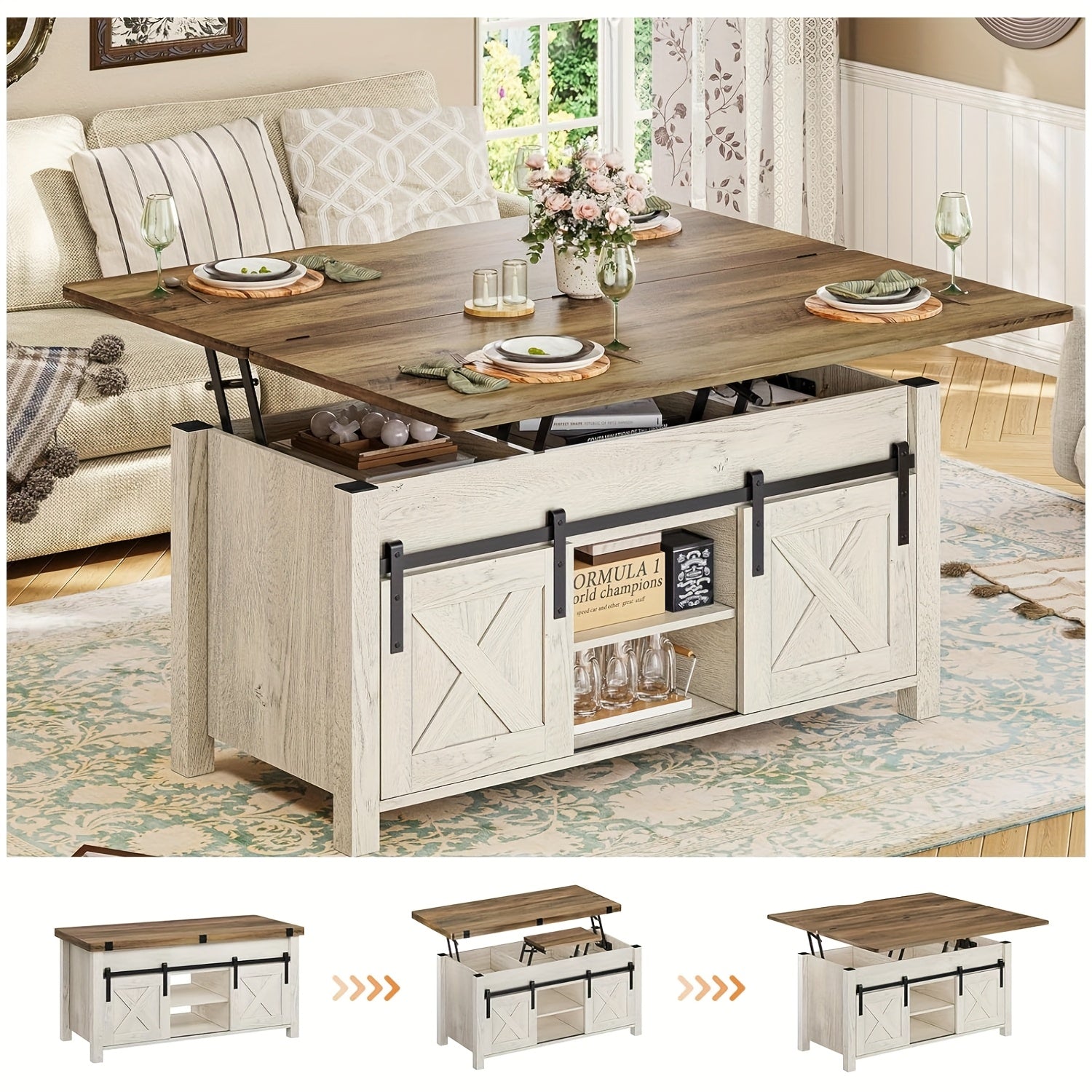 Versatile Farmhouse Coffee Table with Adjustable Height, Convertible Design for Dining & Gaming, 3 Storage Compartments, and Sliding Barn Doors - Metal Construction