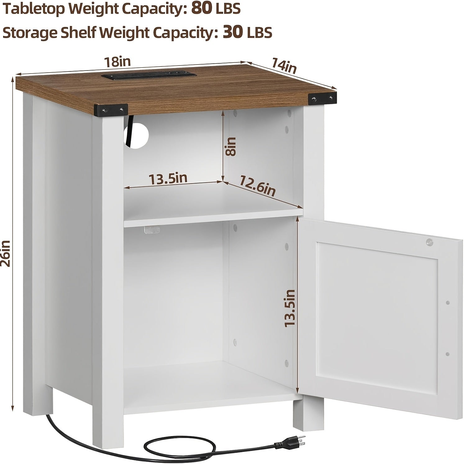 Rustic Farmhouse Nightstand with Charging Station and USB Ports, White Wood Bedside Table with Storage Shelf and Magnetic Door, High-Density Fiberboard End Table for Bedroom