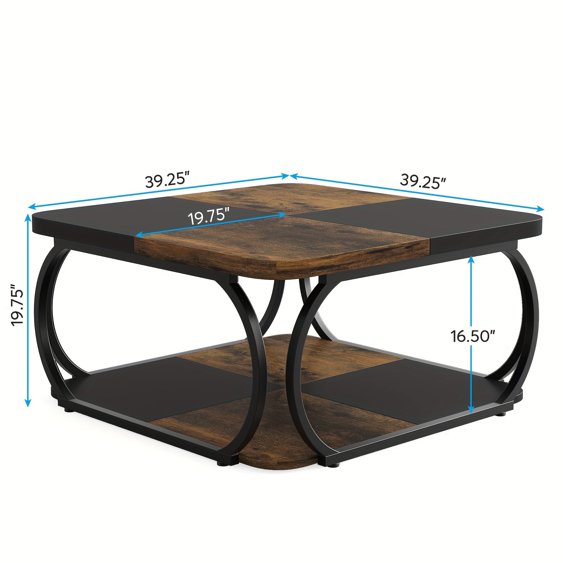 Square Coffee Table with 2 Tiers, 102cm Farmhouse Coffee Table with Wood Storage Shelf Heavy Duty Metal Curved Frame for Modern Living Room