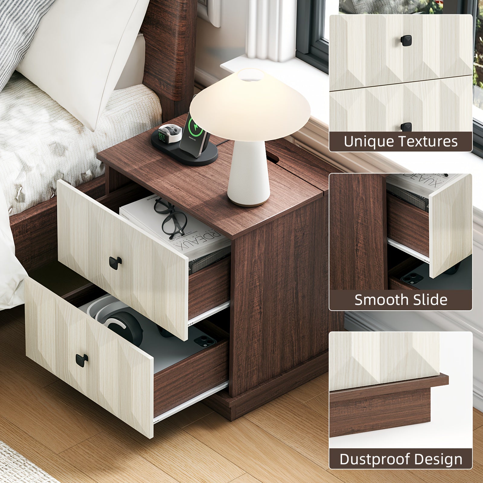 Modern Farmhouse Nightstand With Charging Station, Bed Side Table With 2 Drawers, Adult End Tables, 19" Large Nightstand Wood, For Bedroom, Living Room (Walnut White)