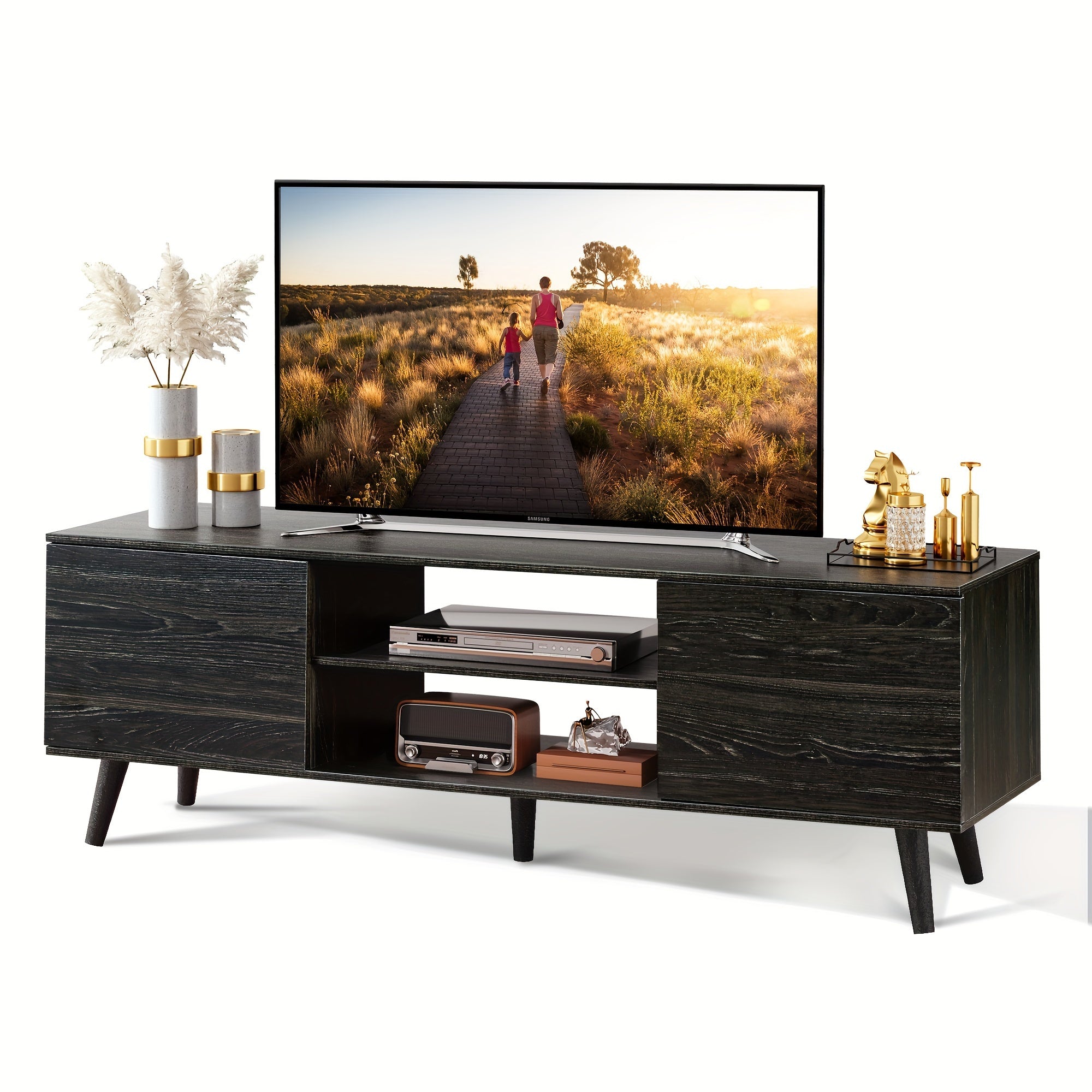 TV Stand For 55 60 Inch TV, Boho Entertainment Center With Storage Cabinets, TV Console For Living Room Decor