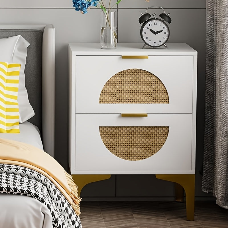 Rattan Nightstand With 2 Drawers, Wooden Boho Side Table With Storage, Bedside End Table For Bedroom, Dorm And Small Spaces (White)