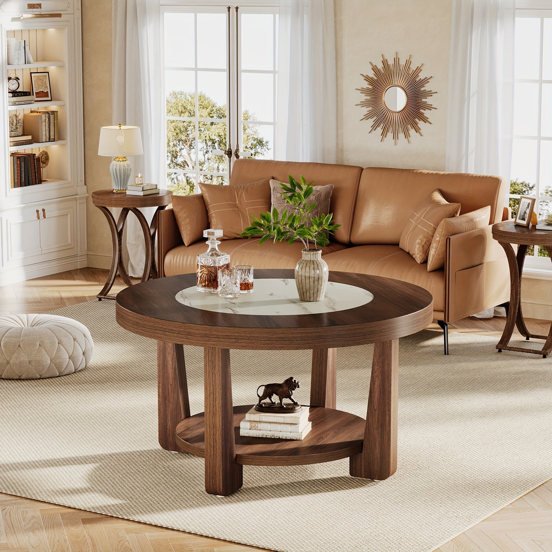 Wood Round Coffee Table With Storage, 2-Tier Industrial Circle Accent Center Table For Living Room