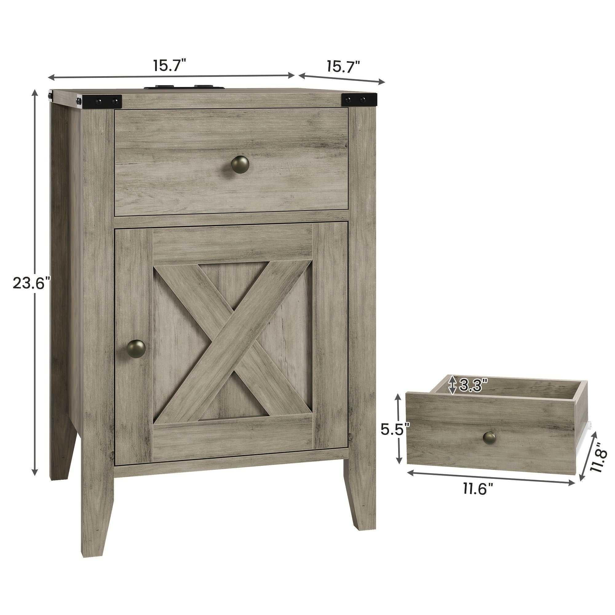 Bedroom 2pcs Set Bedside Table, Country Style Side Table with Large Drawer and Storage Cabinet