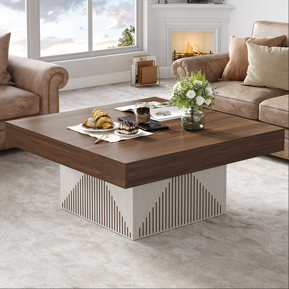 Modern 91cm Square Coffee Table - Scratch-Resistant Engineered Wood, Brown & White Centerpiece for Living Room