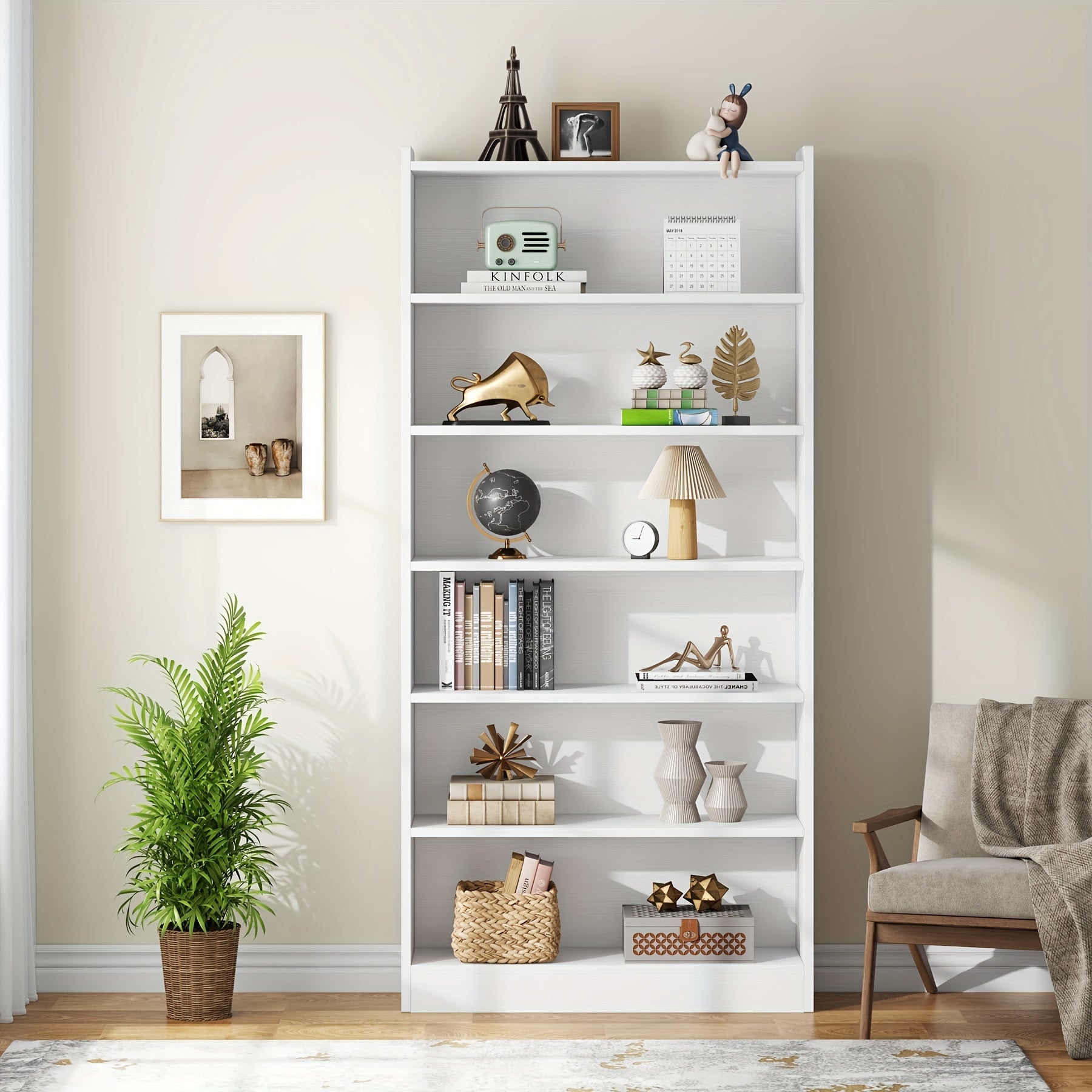 198cm Bookcase, Modern 7-Tier White Library Bookshelf with Storage Shelves, Large Open Bookcases Wood Display Shelving Unit for Bedroom Living Room Office