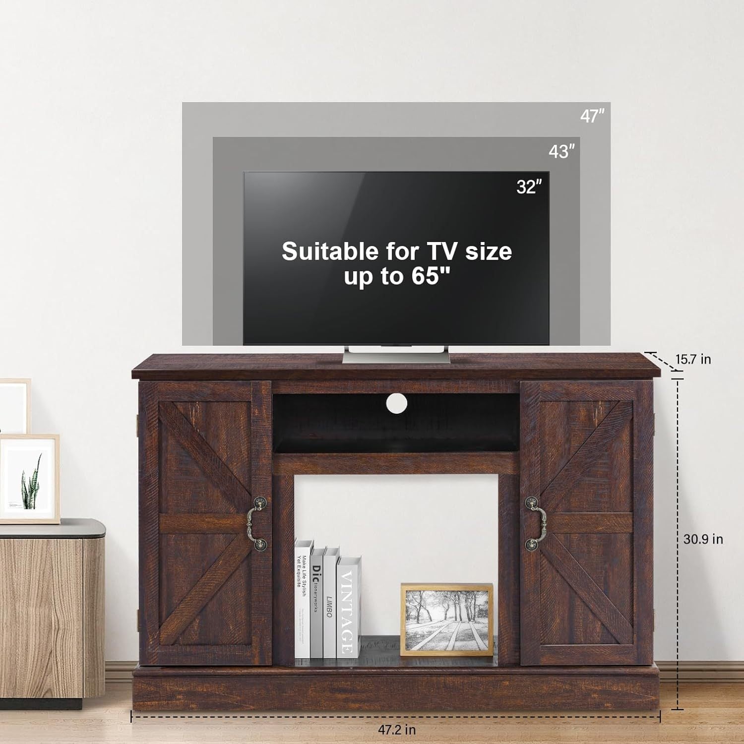 Rustic 120cm TV Stand with Barn Doors - Fits Up to 65" TV, Spacious Storage Cabinet & Media Console for Living Room