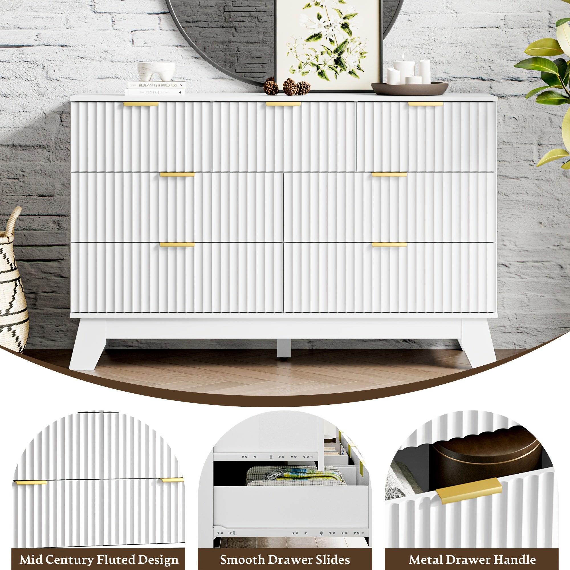 Elegant 7-Drawer White Wood Dresser with Golden Handles - Modern Fluted Design, Medium-Density Fiberboard, Sleek Black Interior for Bedroom & Entryway Storage, Dresser for Bedroom