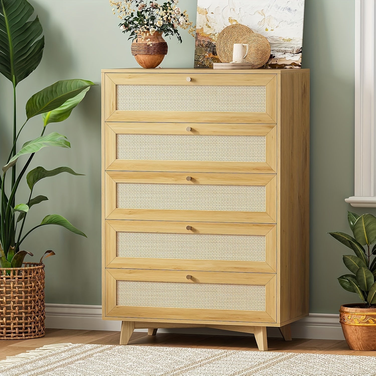 Modern Tall Bedroom Dresser Rattan Dresser For Bedroom With 5 Drawer Chest Of Drawers For Living Room