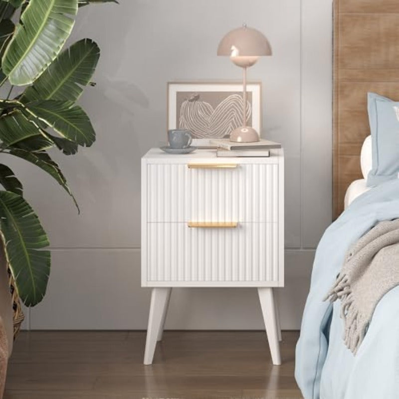 Fluted Nightstand 2 Drawers Modern Bedside Table Metal Handles White Side Table Solid Wood Legs Mid Century End Table Living Room Bedroom Natural