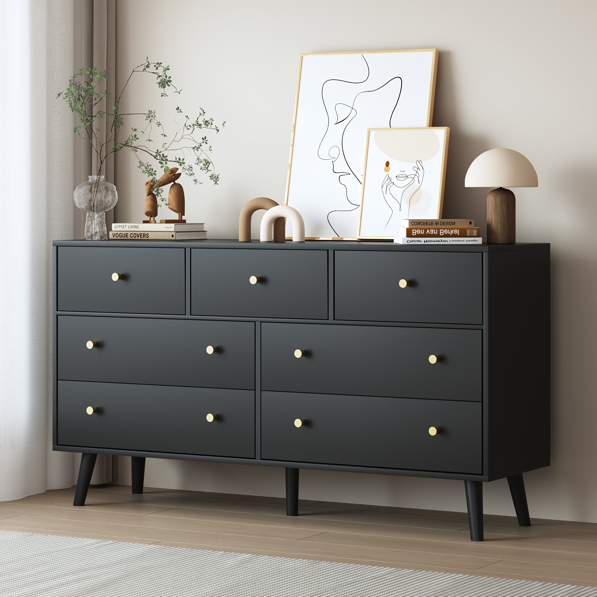 Dresser With 7 Drawers, Dresser For Bedroom, Modern Double Dresser With Wide Drawer And Metal Handles, Wood Dressers & Chests Of Drawers