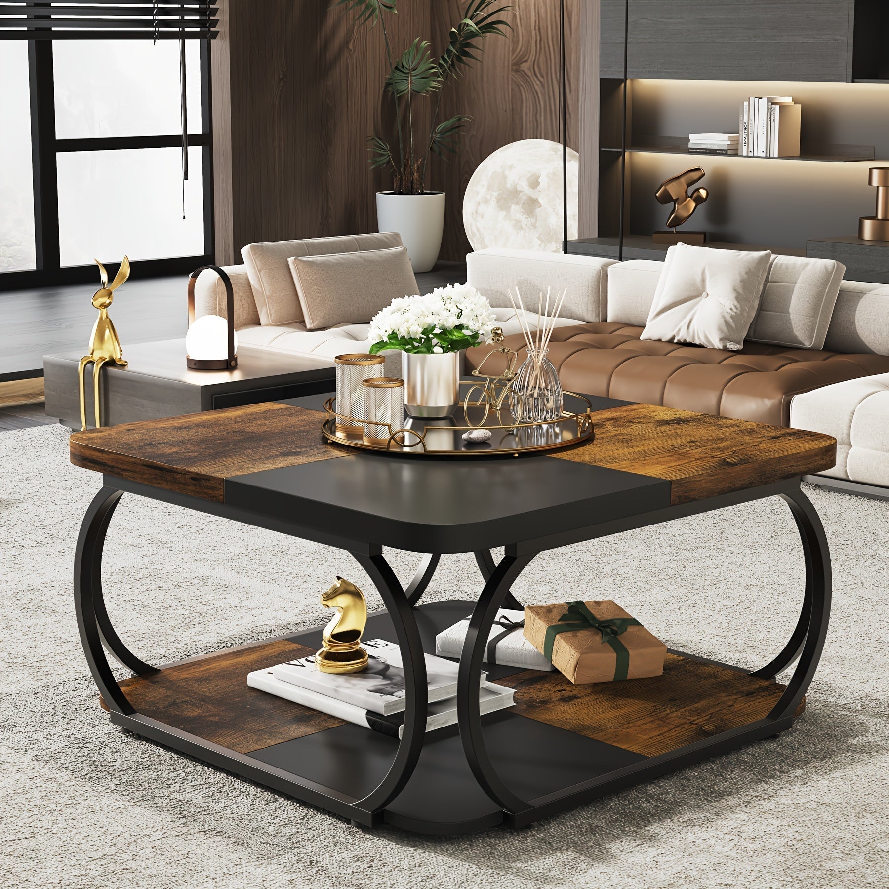 Square Coffee Table with 2 Tiers, 102cm Farmhouse Coffee Table with Wood Storage Shelf Heavy Duty Metal Curved Frame for Modern Living Room