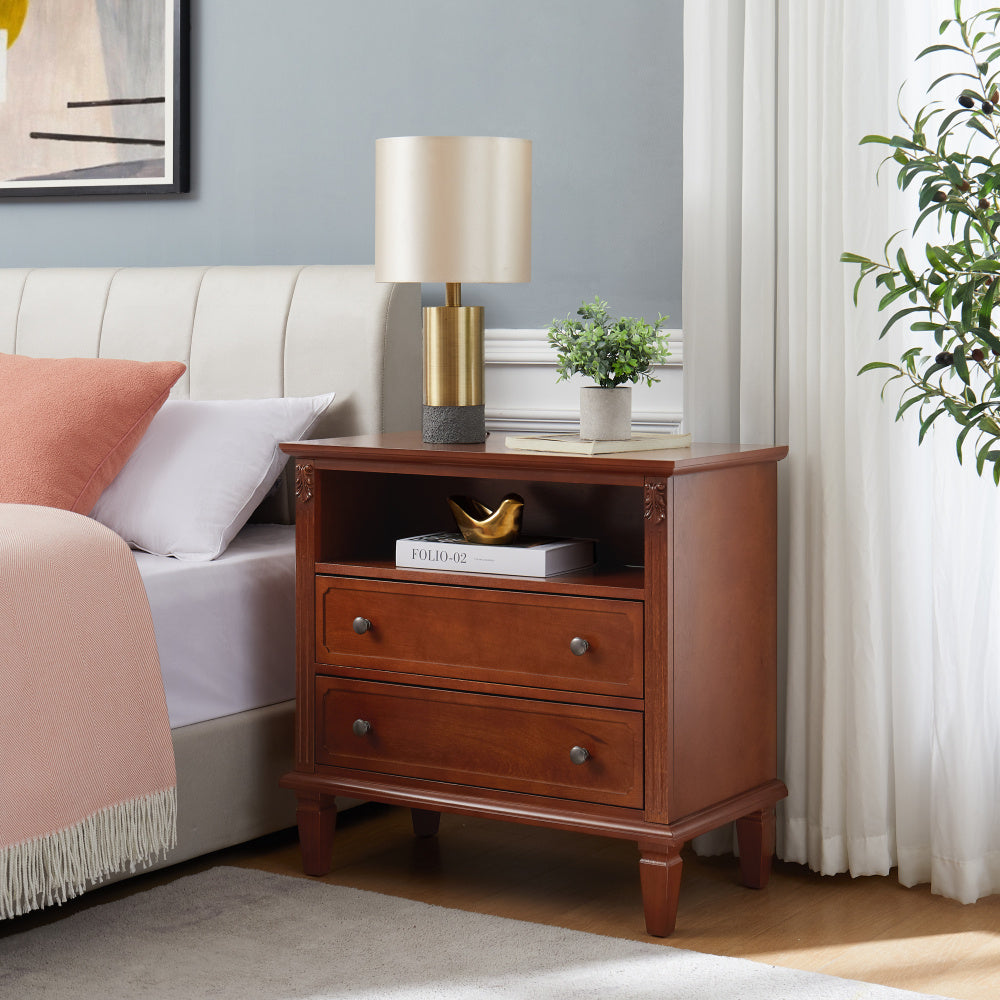 Open Space and 2 Drawers Dresser Nightstand, Fluted Pilasters Design Side Table with Solid Wood Legs for Bedroom