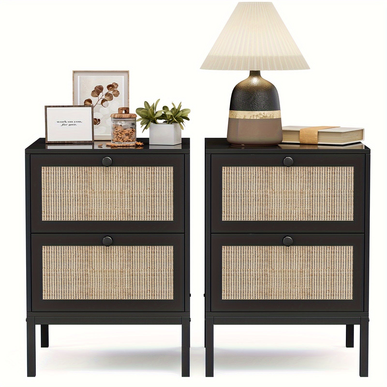 Set Of 2 Rattan Bedside Tables With 2 Natural Rattan Drawers, Used For Storage In Bedrooms And Living Rooms - Black/Natural/White