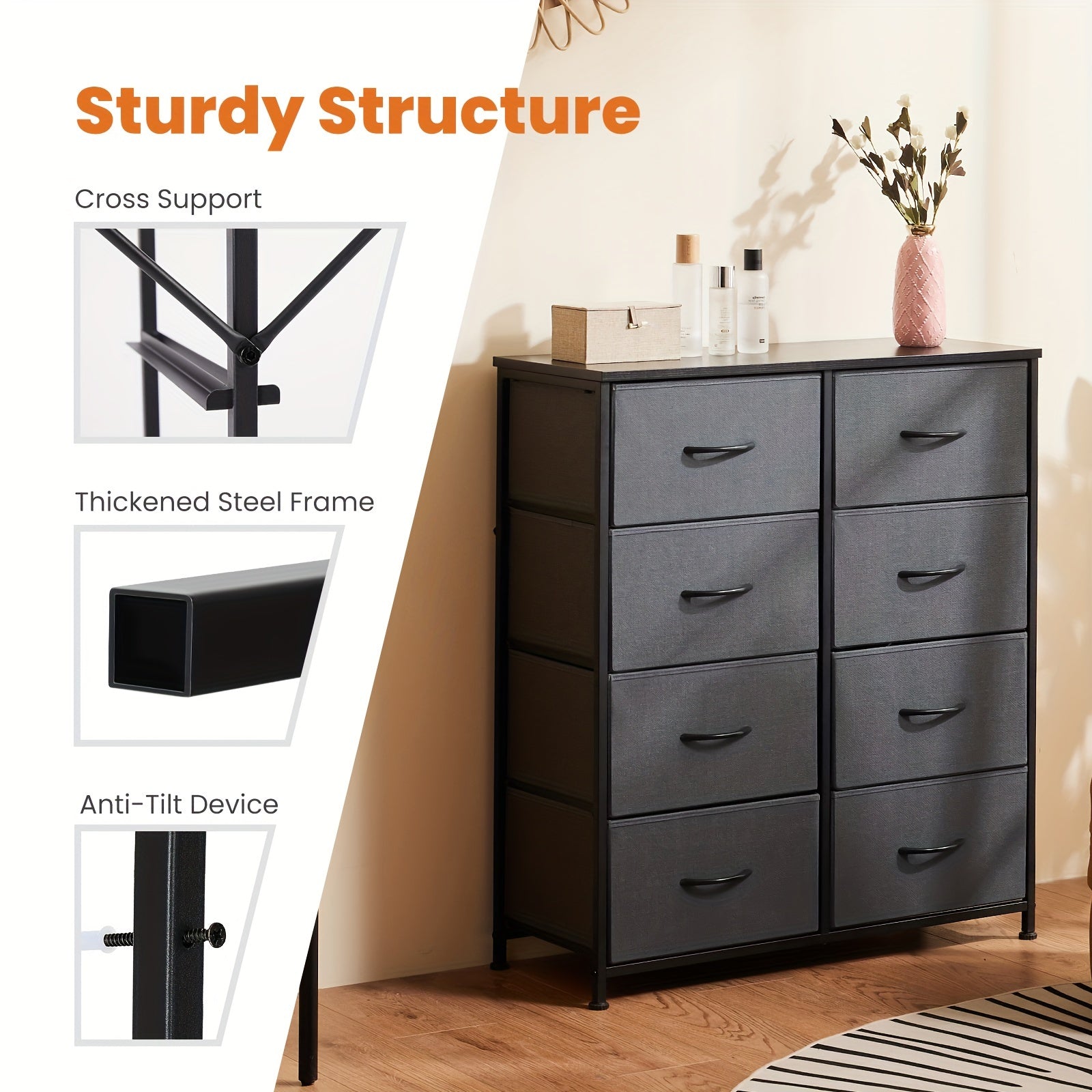 Dresser for Bedroom Drawer Organizer Storage 8 Drawers, Fabric Storage Tower, Chest of Drawers with Steel Frame, Wood Top for Nursery, Living Room, Closet