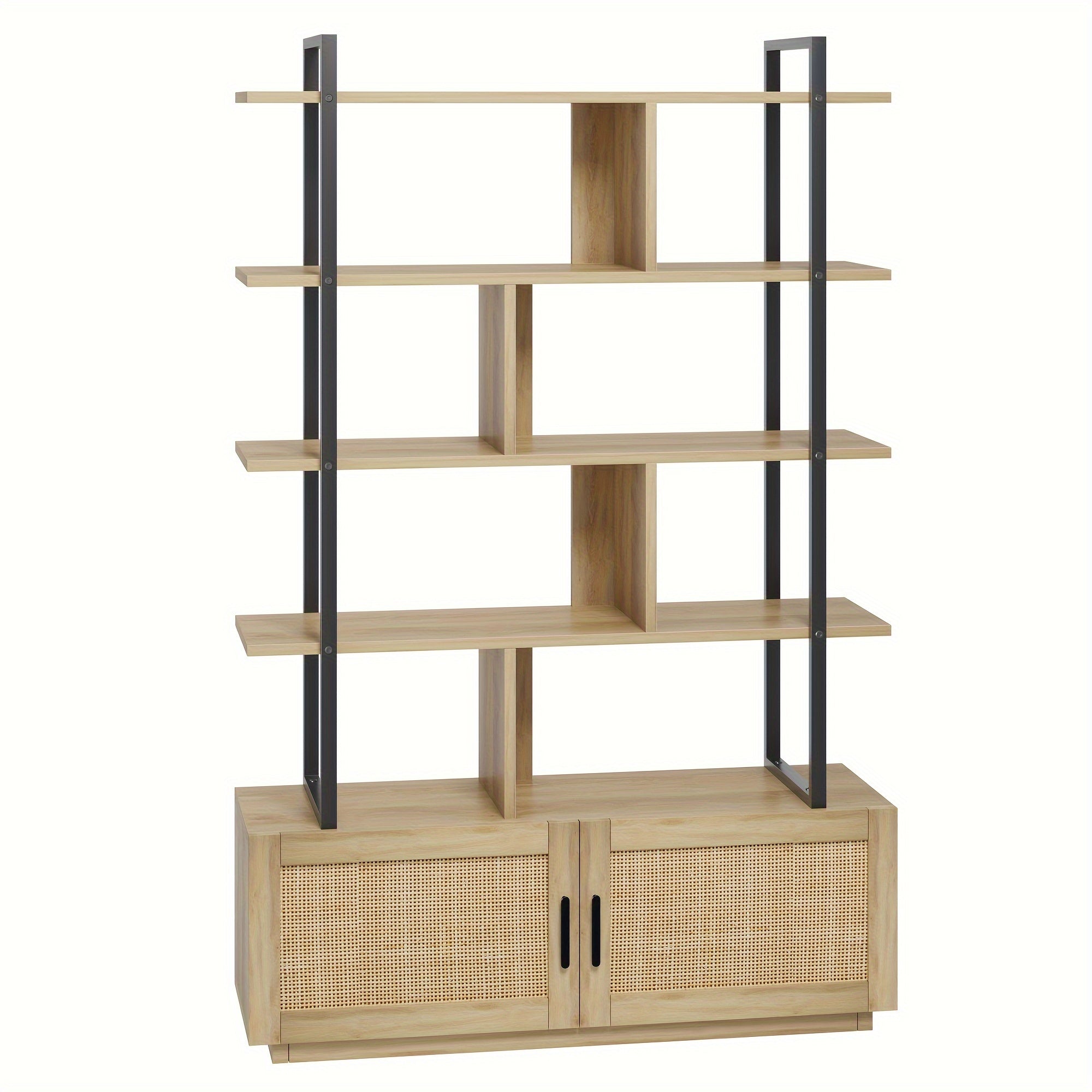 5 -Tier Rattan Bookshelf with Storage Cabinet & Door, 71.1''Tall Industrial Book Shelf with Open Display Shelves, Bookcase with Metal Frame for Living Room, Bedroom