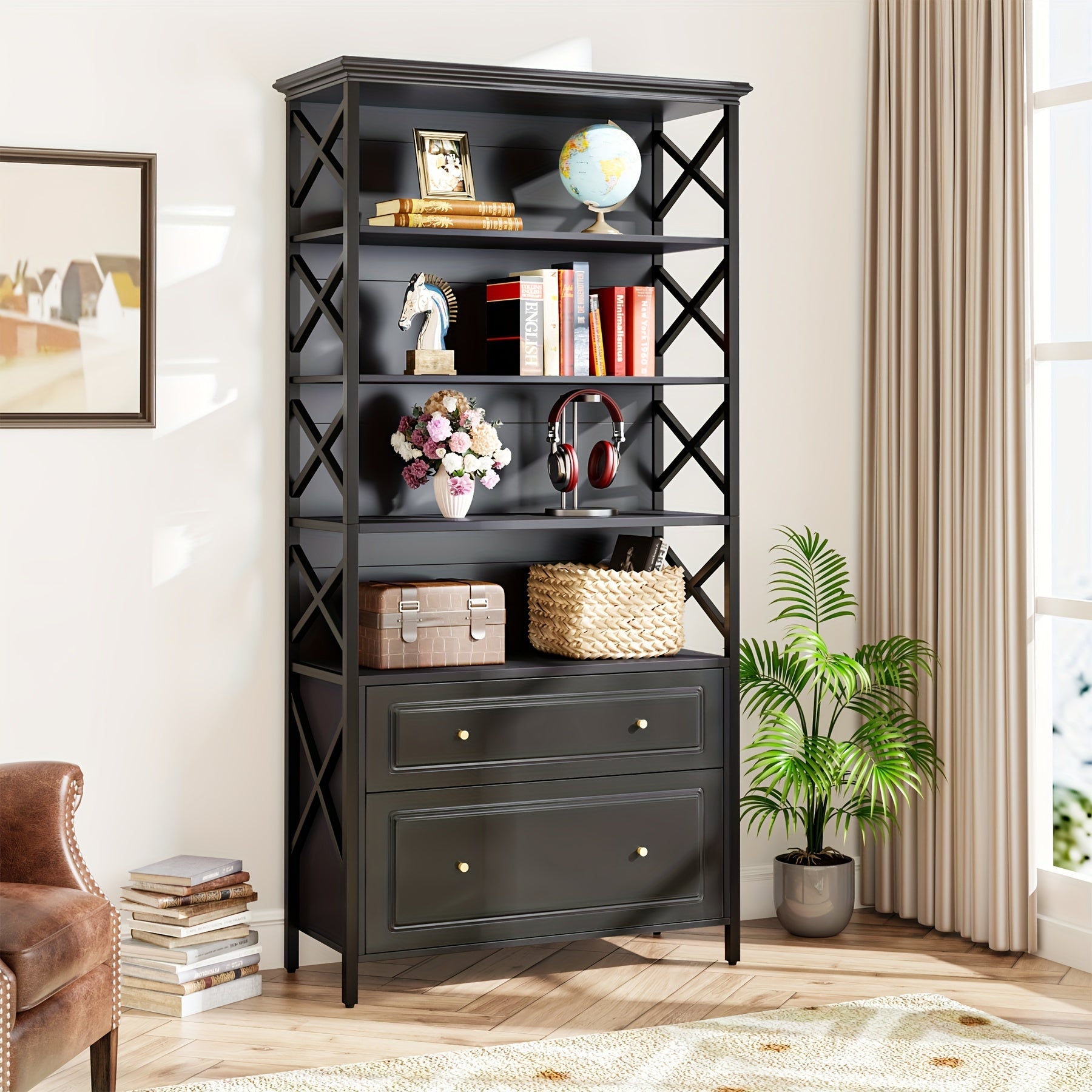 6-Tier Bookcase with 2 File Drawers,182cm Tall Narrow Bookshelf, Modern Heavy Duty Display Rack for Home Office, Living Room, Bedroom