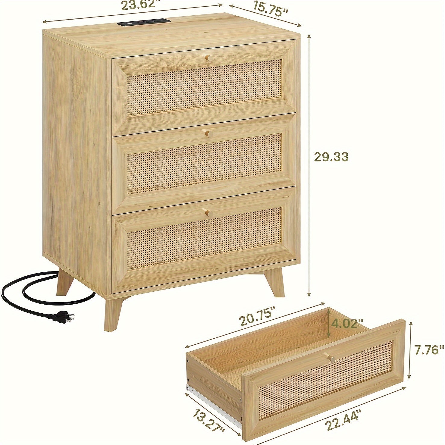 Rattan Nightstand With 3 Drawers Bedside Table With Metal Handle End Side Table For Bedroom