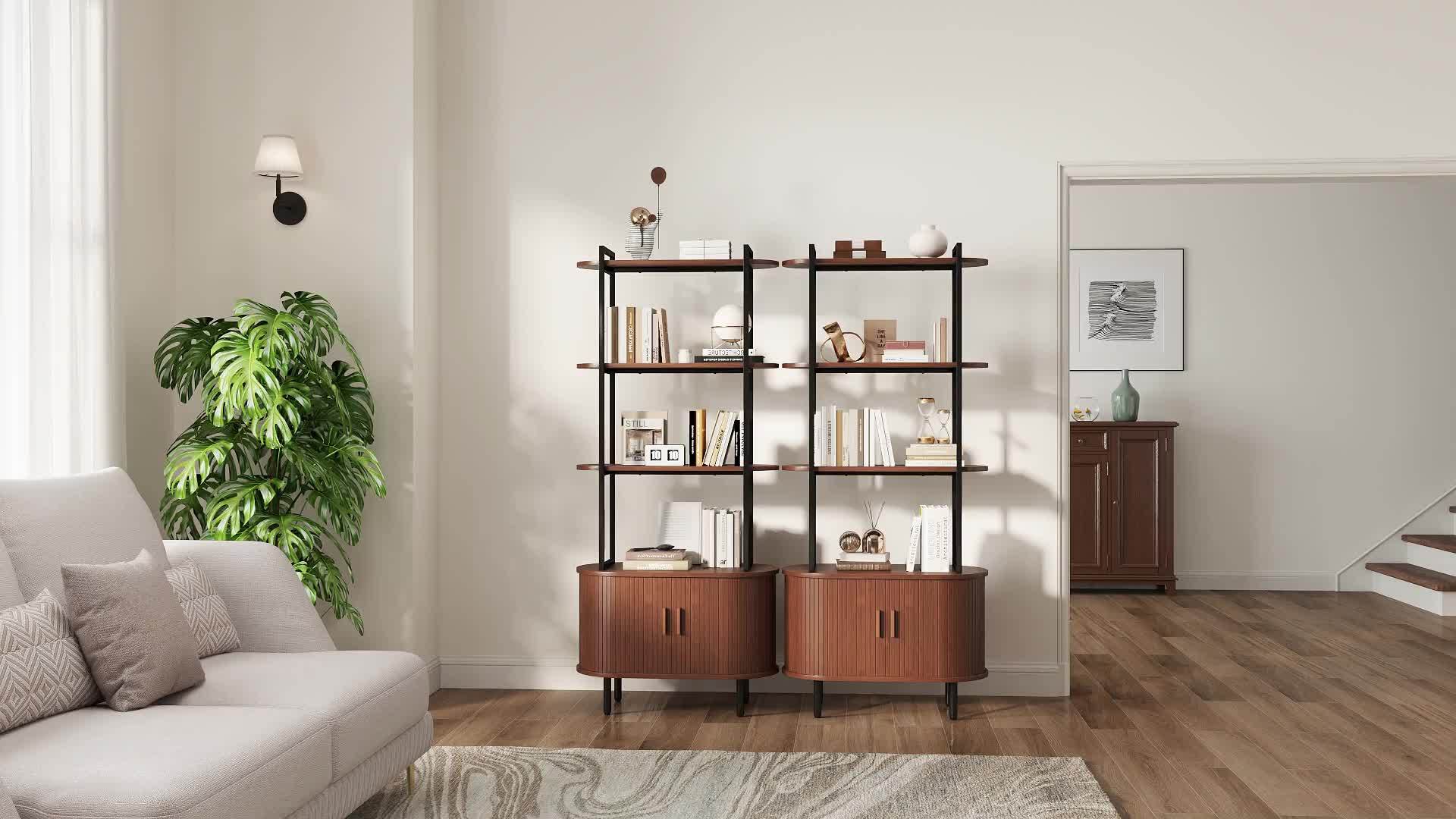 180cm Tall Bookshelf, 4-Tier Book Shelf With Storage Cabinet, Modern Bookcase With Sliding Door And Adjustable Footpad, Freestanding Storage Organizer Bookshelf For Living Room, Bedroom, Walnut