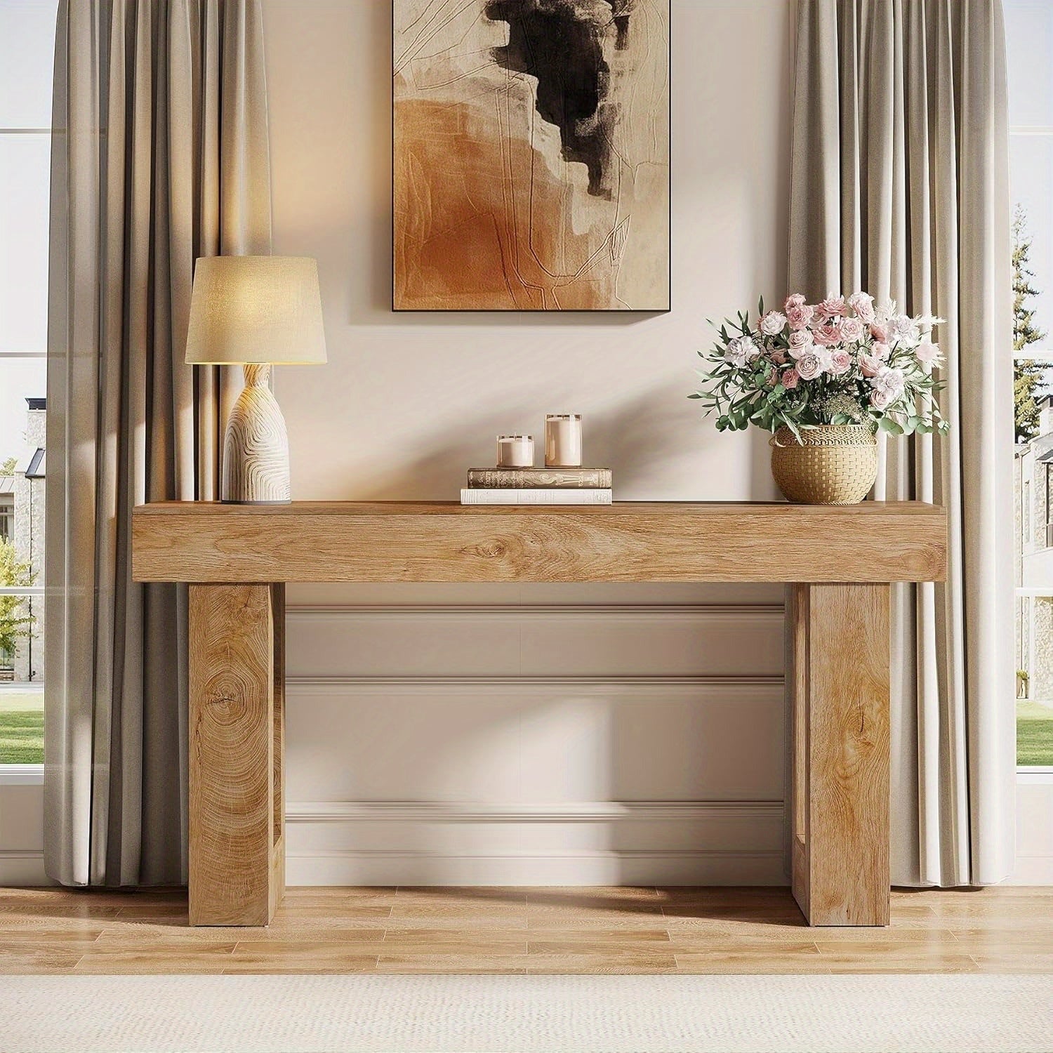 Modern 160 cm Rectangular Wooden Sofa Console Table, Weather Resistant, No Electricity Needed, with Hardwood, for Living Room, Hallway, Entryway